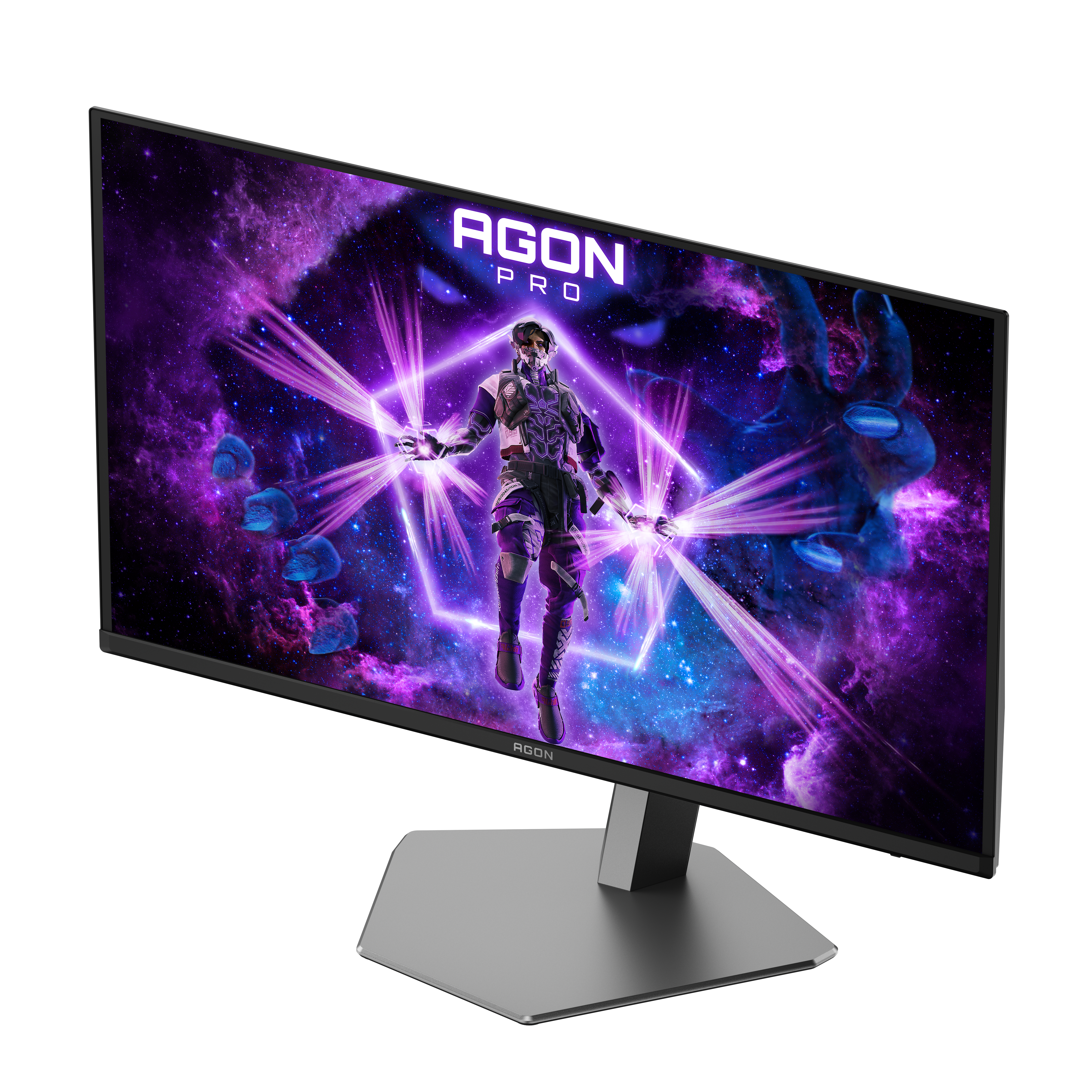 Egy számítógép monitor futurisztikus jelenetet jelenít meg egy figurával, lila és kék árnyalatokkal, valamint az 'AGON PRO' szöveggel.