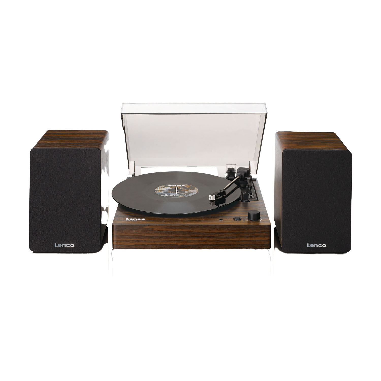 Un giradischi Lenco con due altoparlanti. Il giradischi ha una finitura in legno. Un disco in vinile è sul giradischi. Gli altoparlanti sono neri.