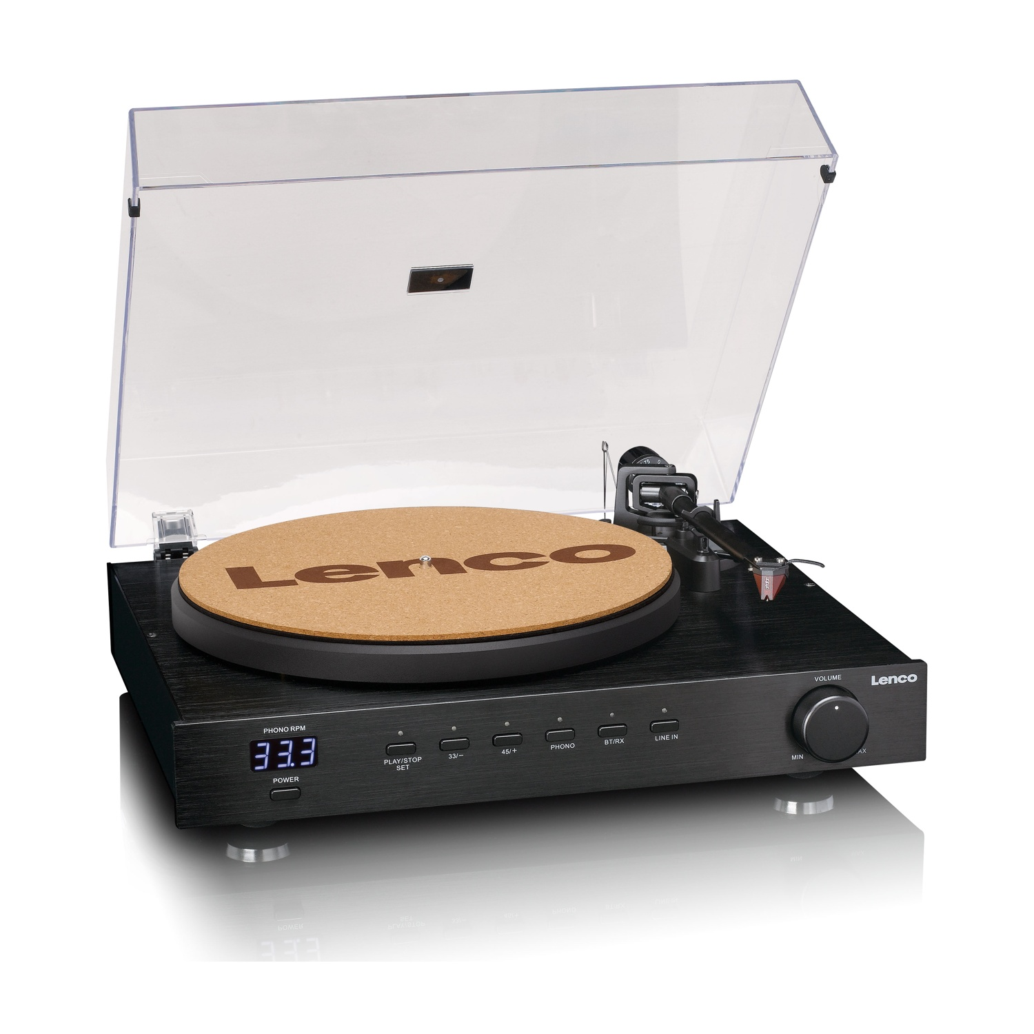 Un giradischi Lenco nero con coperchio trasparente aperto. Il giradischi mostra 33,3 RPM. Il disco è in sughero con il logo Lenco.