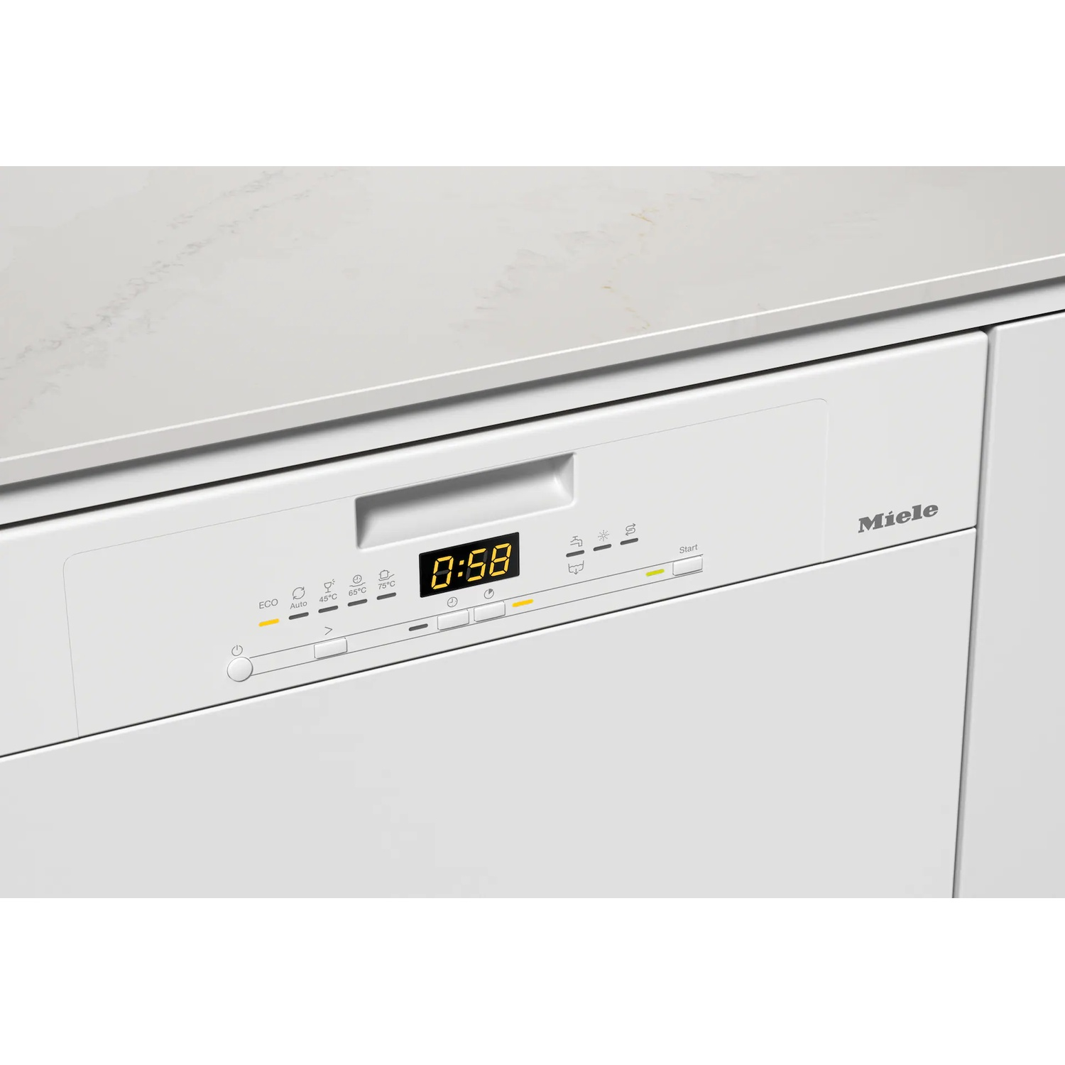 A white Miele dishwasher with a digital display showing 0:58. Buttons for Eco, Auto, and temperature settings are visible.