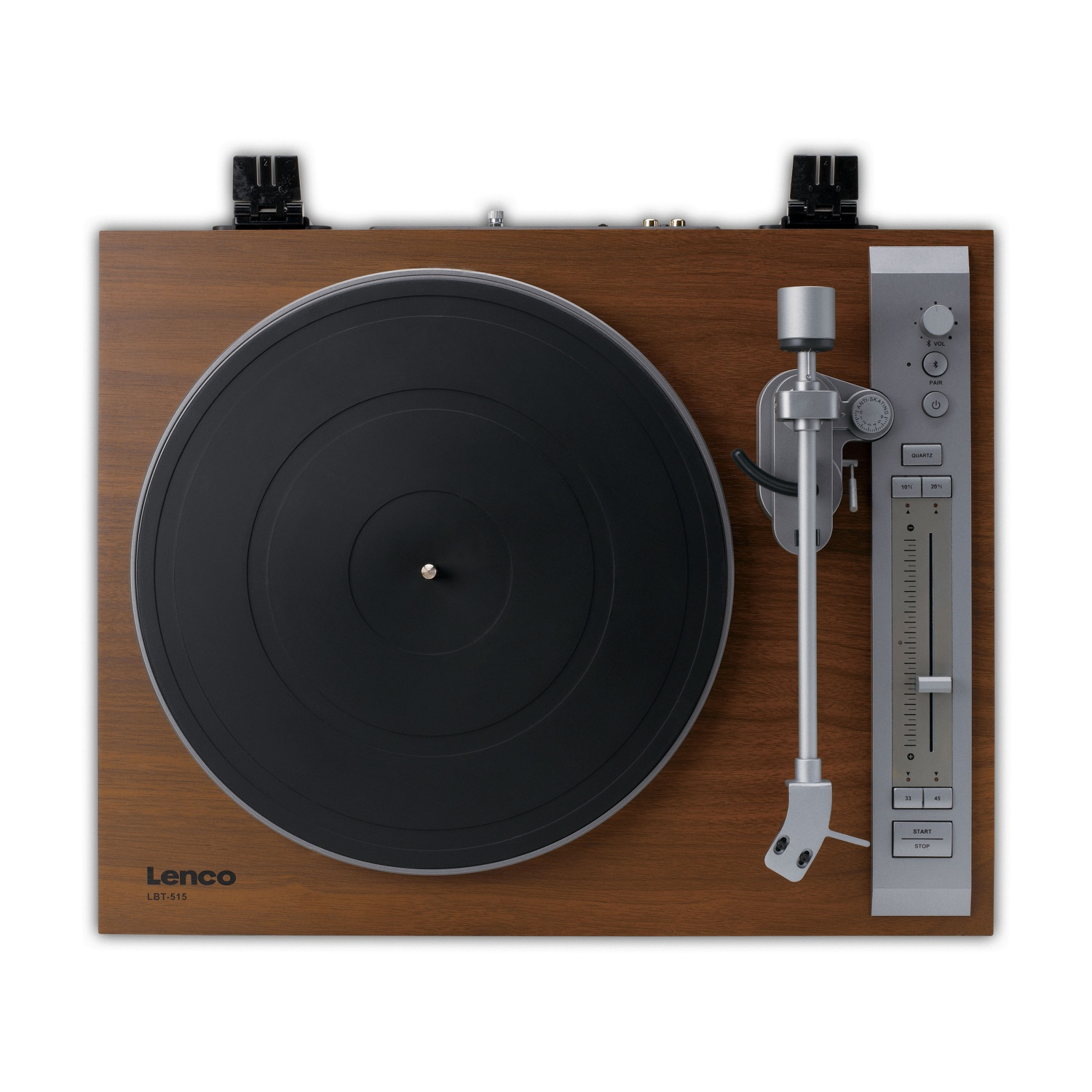 Vista dall'alto di un giradischi Lenco LBT-515. Ha base in legno, vinile nero e braccio argentato. Controlli a destra.
