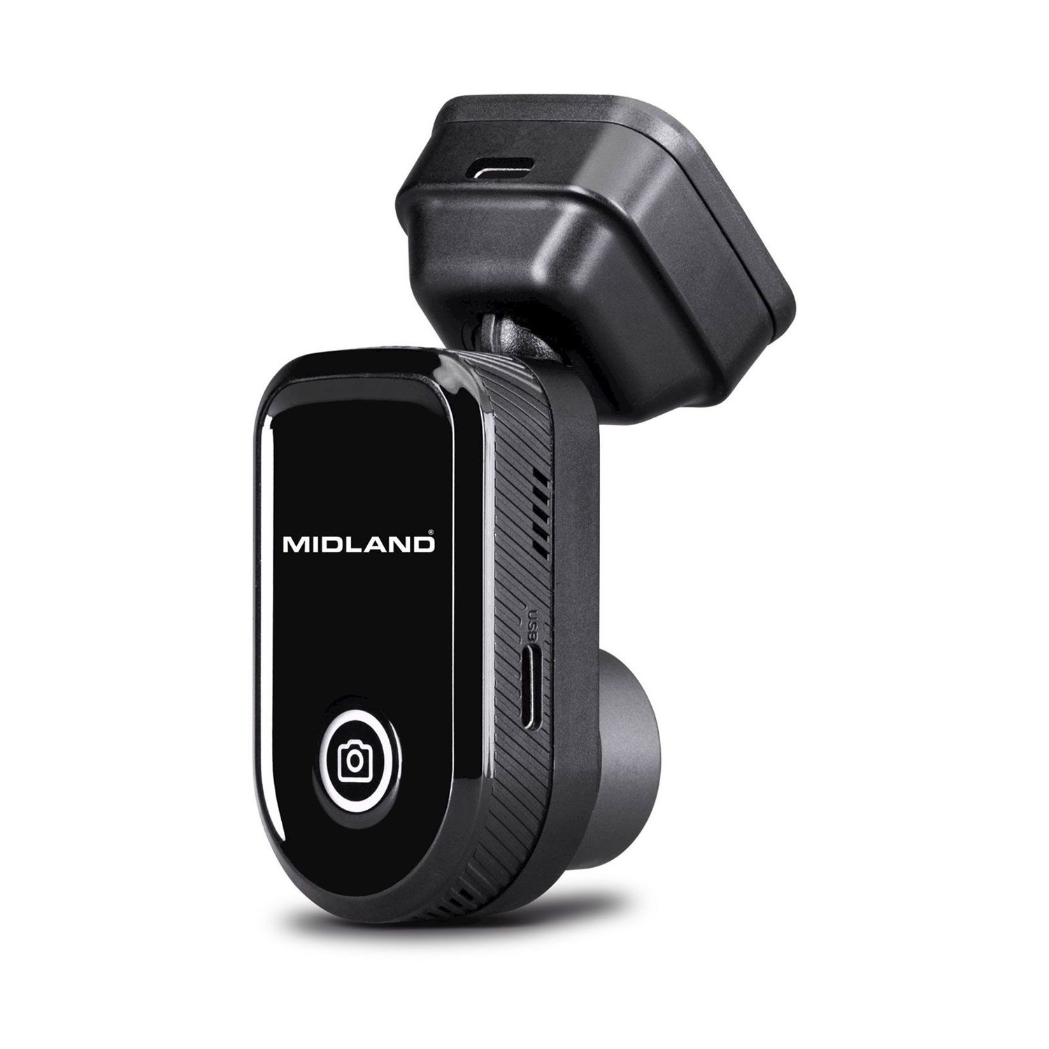 Dashcam Midland nera. Ha un pulsante fotocamera, una porta USB e la scritta MIDLAND. La dashcam è su sfondo bianco.