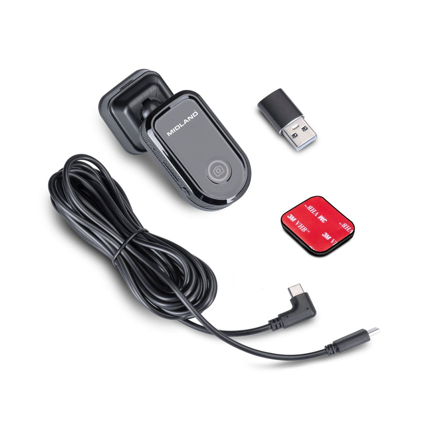 Una fotocamera Midland nera, supporto, unità USB, cavo e un quadrato rosso con testo bianco su sfondo bianco.