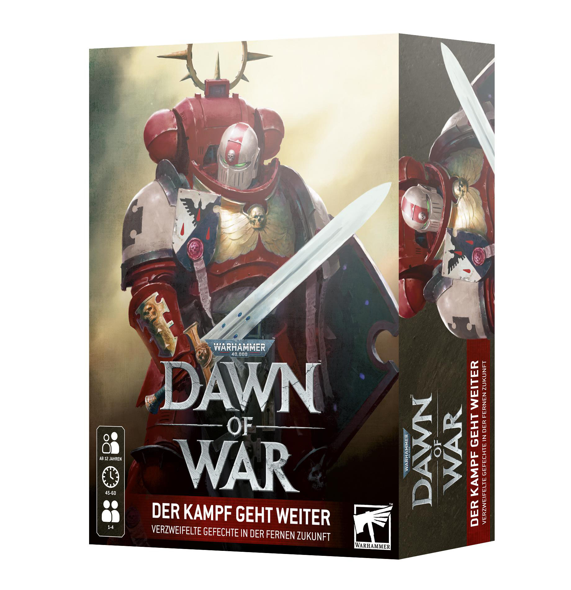 Schachtelkunst für Dawn of War, ein Warhammer-Spiel. Zeigt eine rot-weiß gepanzerte Figur, die ein Schwert hält.