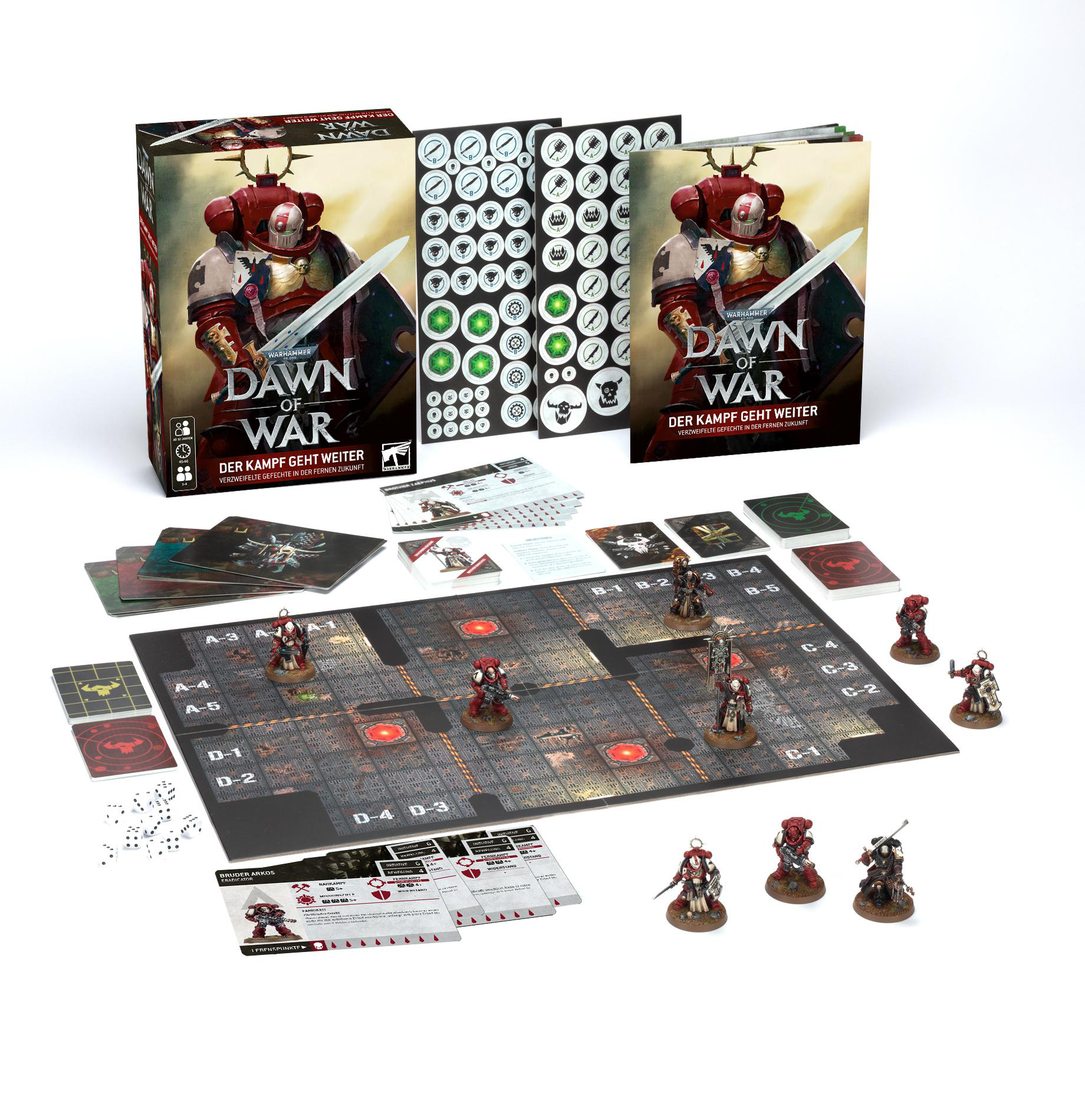Warhammer 40.000 Dawn of War Brettspiel. Box-Set mit Miniaturen, Spielbrett, Karten, Würfeln und Spielsteinen. Enthält Space Marines.