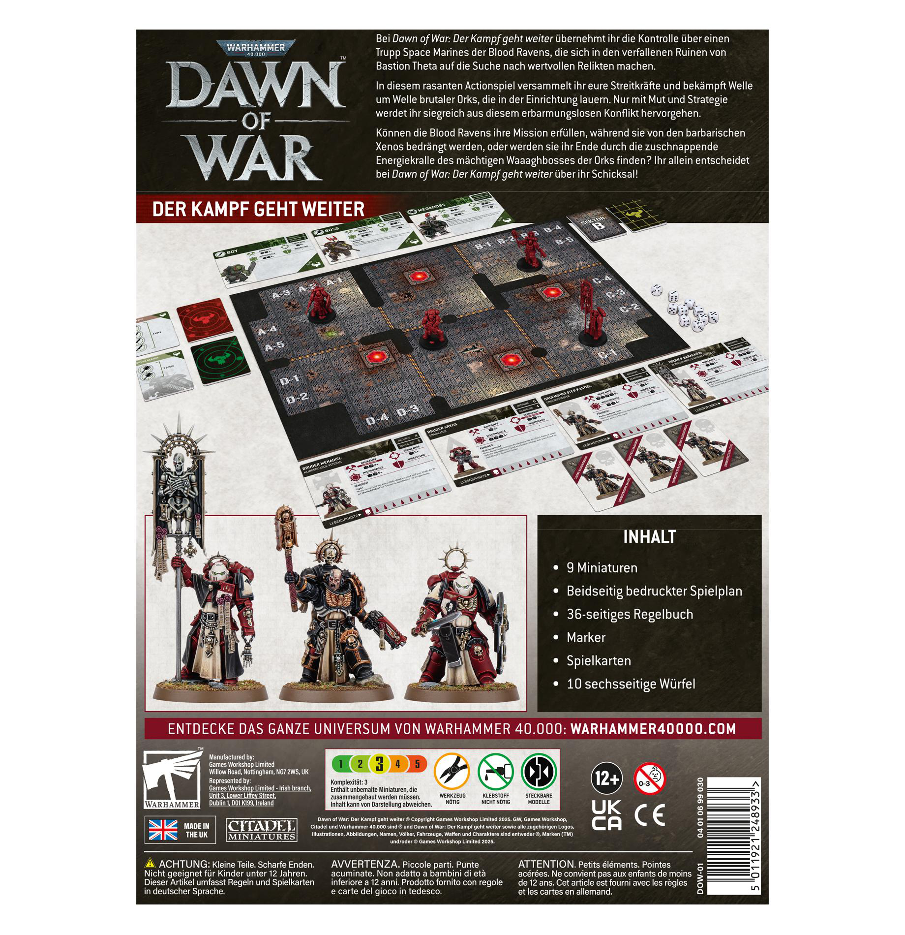 Box-Art für Dawn of War. Enthält Miniaturen, Spielbrett und Text. 