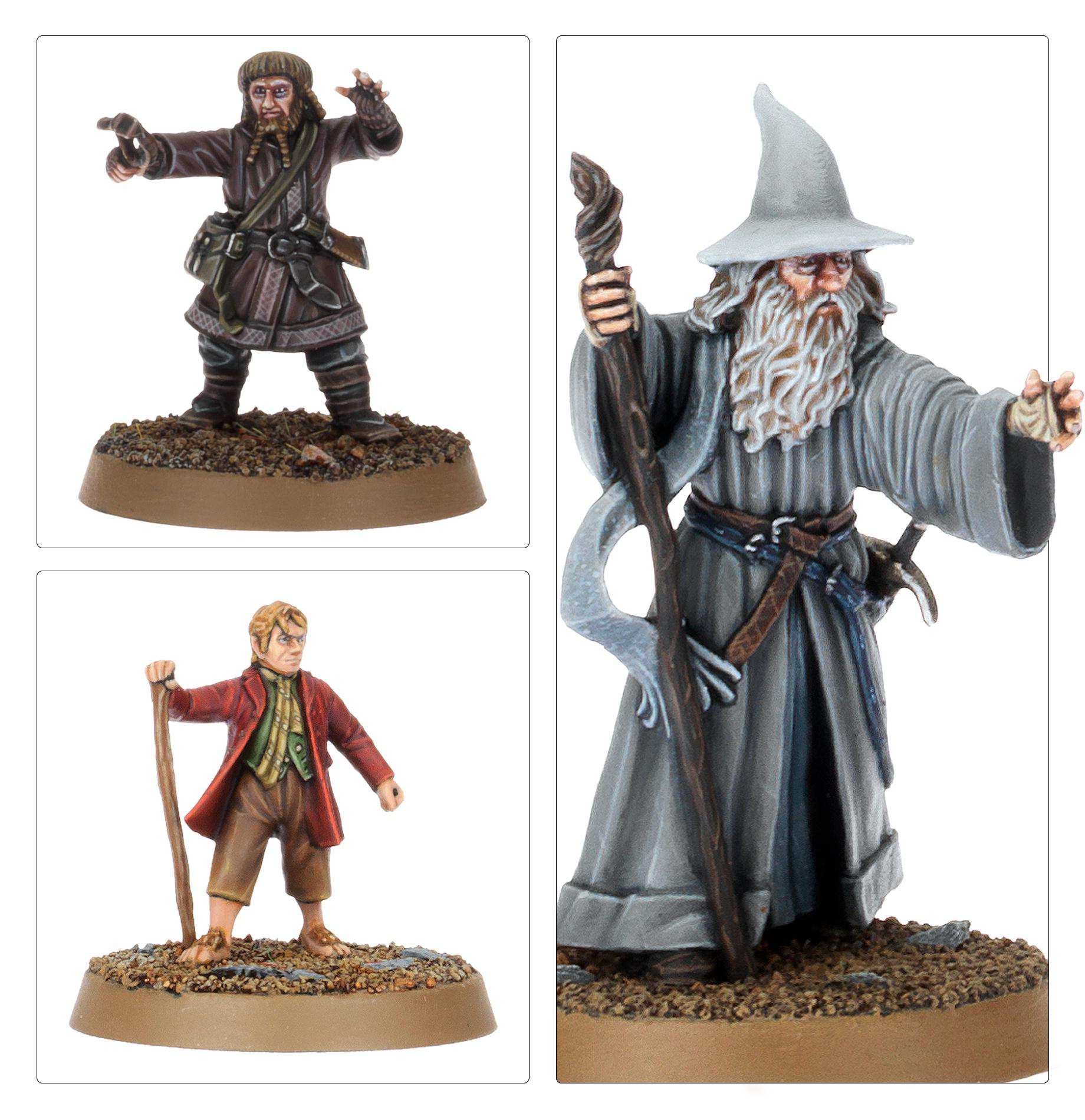Drei Figuren: ein Zwerg in Braun, Gandalf mit Stab und ein Hobbit mit Wanderstock. Alles Miniaturen.