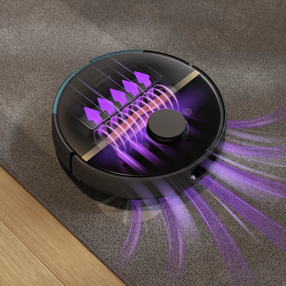 Egy fekete Philips robotporszívó szürke szőnyegen. Lila energialinák illusztrálják a tisztítási műveletet. A padló is látható.