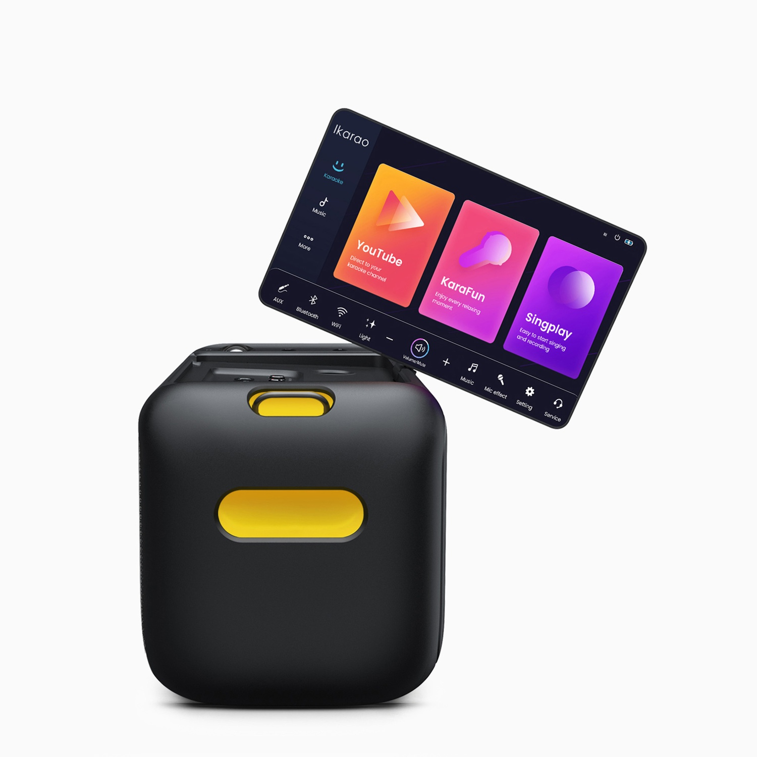 Altoparlante nero con dettagli gialli e un tablet che mostra le opzioni dell'app karaoke: YouTube, KaraFun e Singplay.