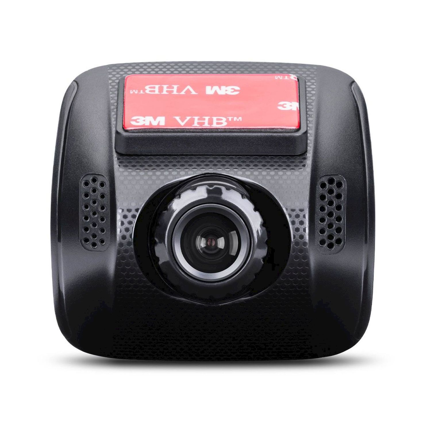 Dashcam nera con obiettivo, nastro adesivo rosso 3M e fori di ventilazione. Il dispositivo è su sfondo bianco.