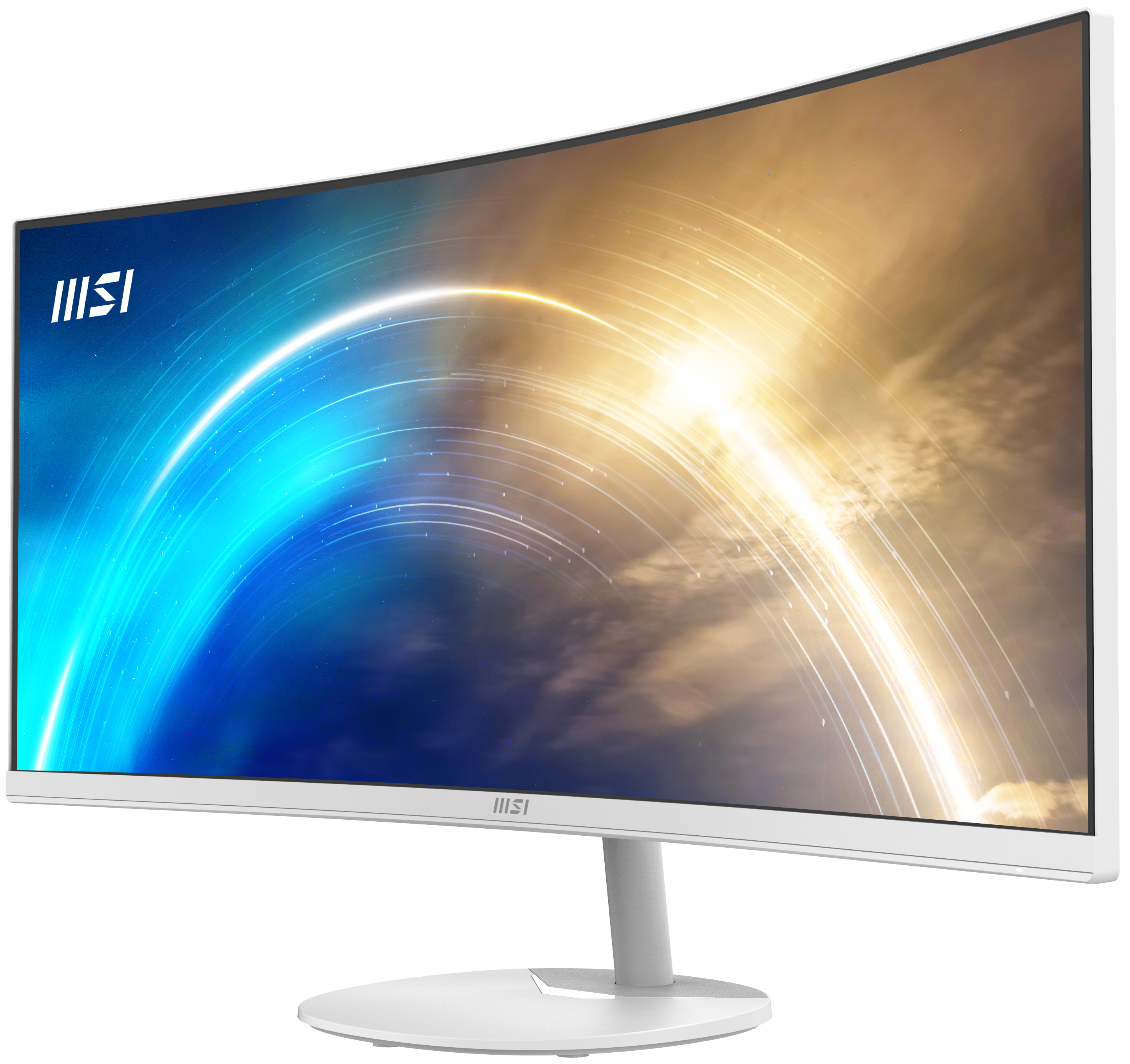 Weißer, gebogener Monitor mit lebendigem digitalem Hintergrund. MSI-Logo sichtbar. Der Standfuß ist weiß.