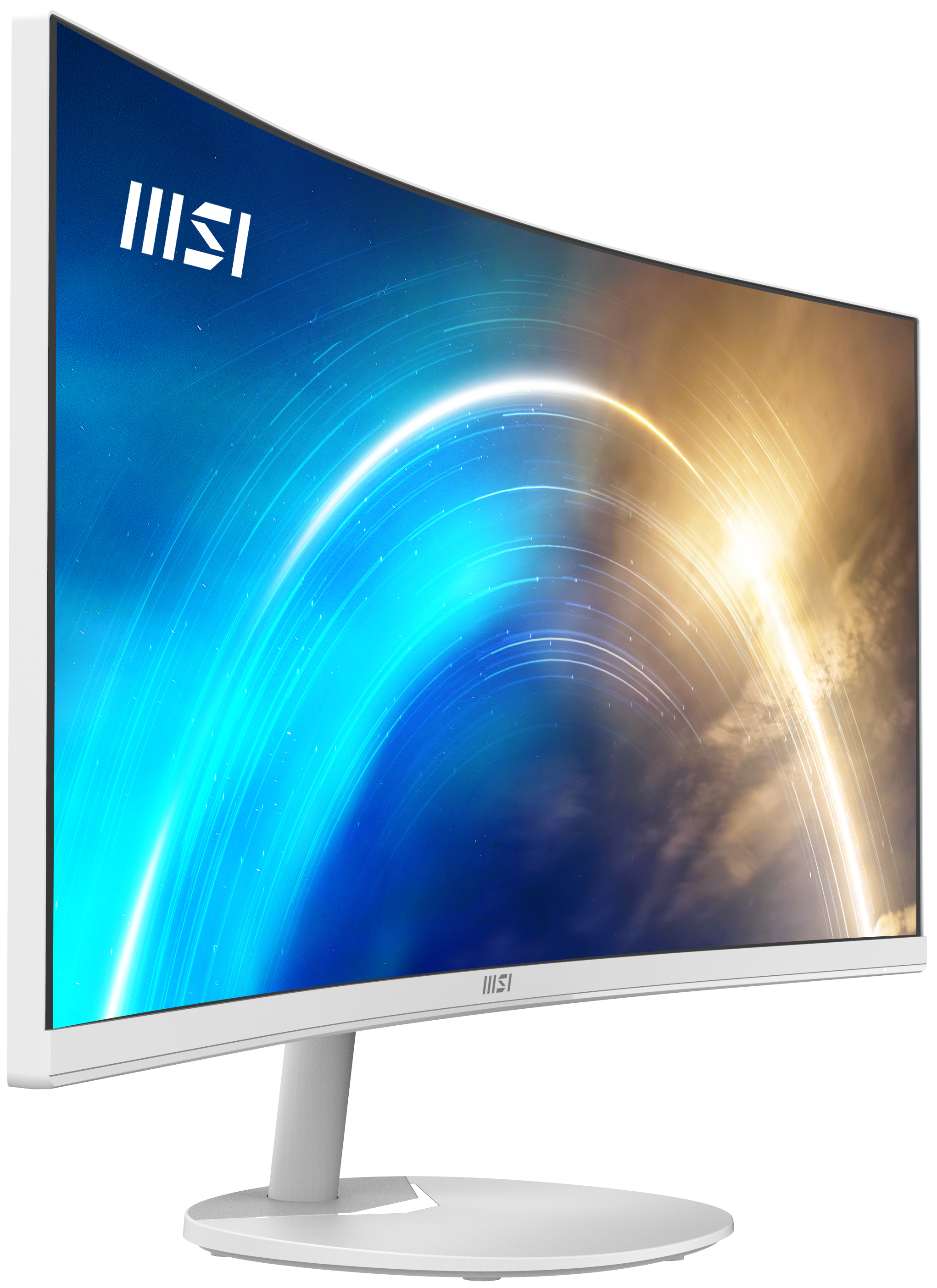 Gebogener weißer Computermonitor mit blauem und goldenem Display. MSI-Logo oben. Der Ständer ist weiß.