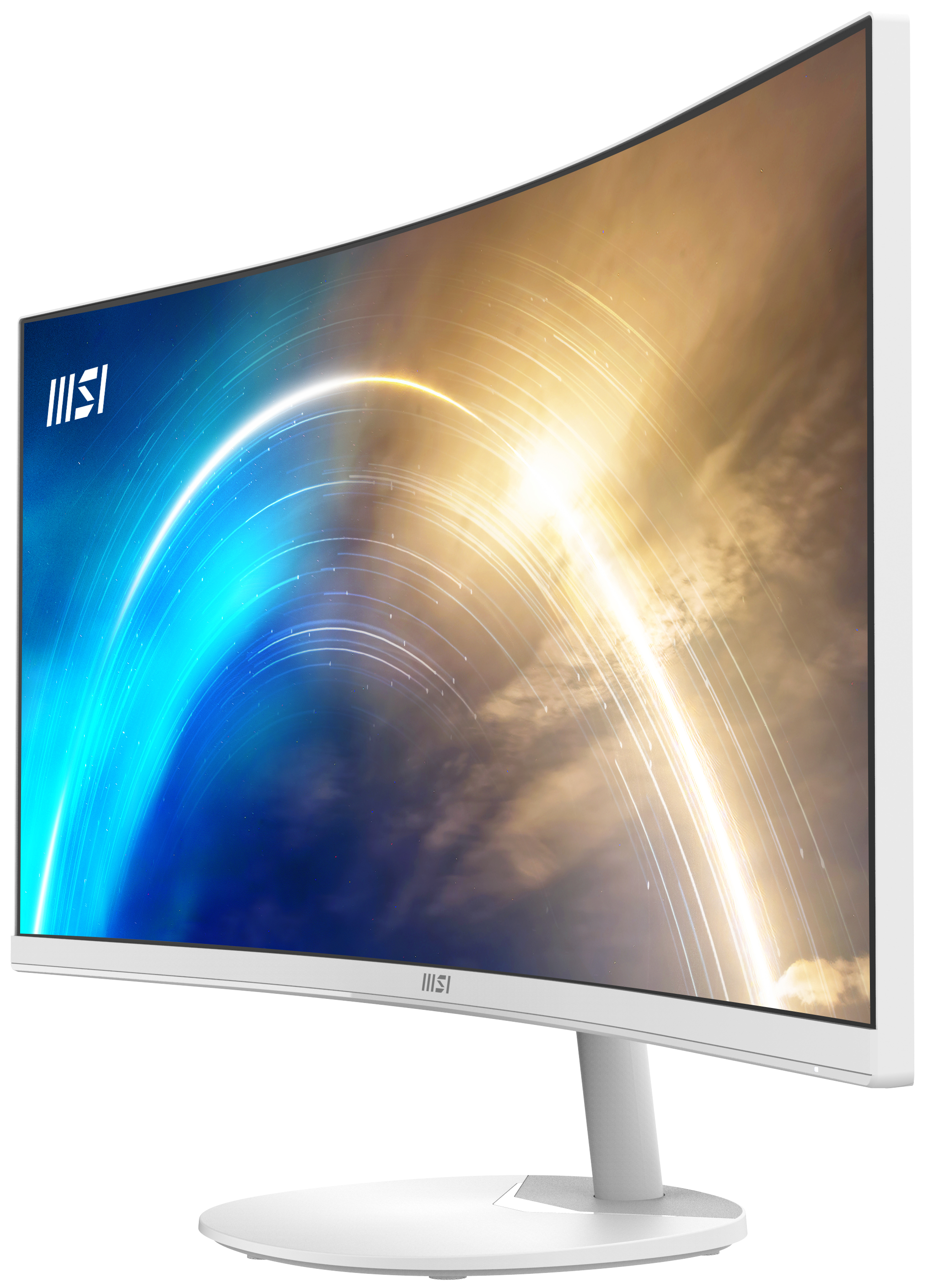 Ein geschwungener weißer Computermonitor zeigt ein blaues und goldenes abstraktes Design. Der Monitor hat einen weißen Ständer.