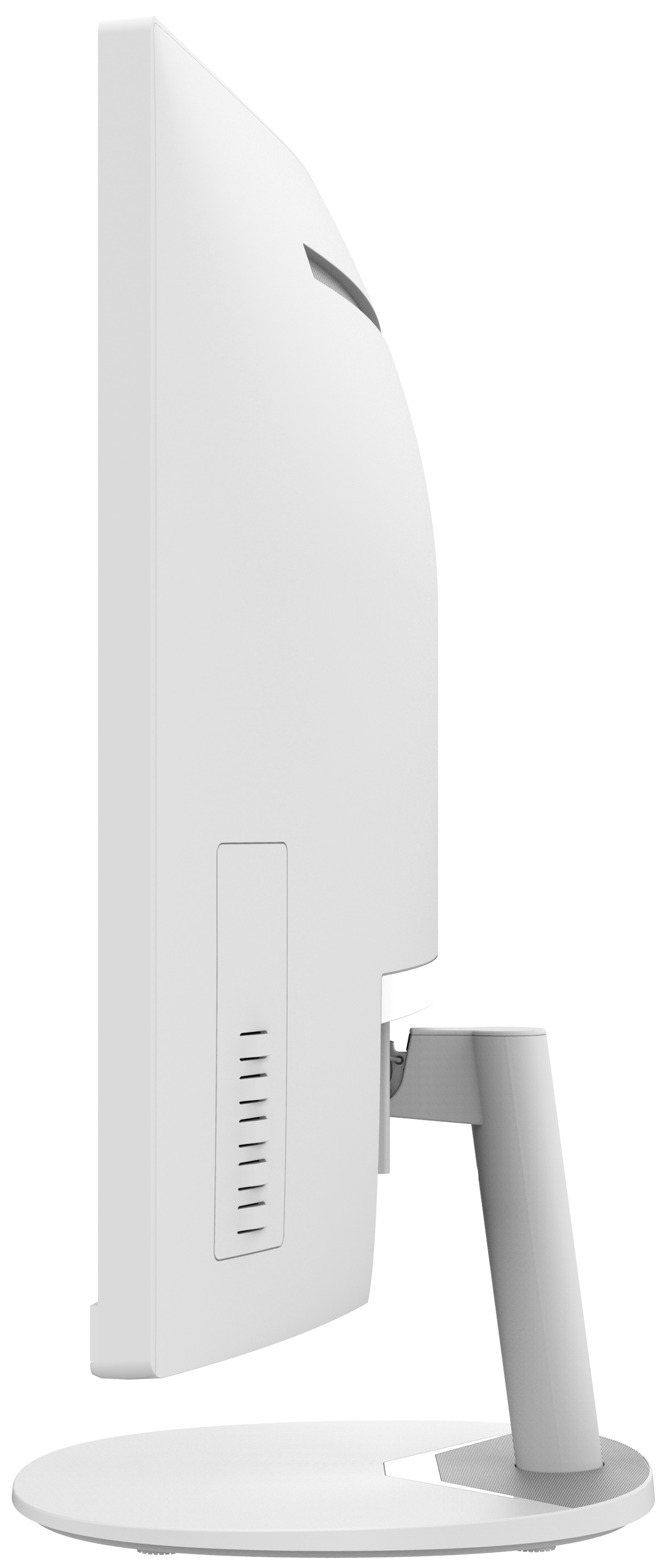Ein weißer Computermonitor, Seitenansicht. Er hat eine gebogene Rückseite, einen Ständer und ein rechteckiges Lüftungsgitter. Vor schwarzem Hintergrund.