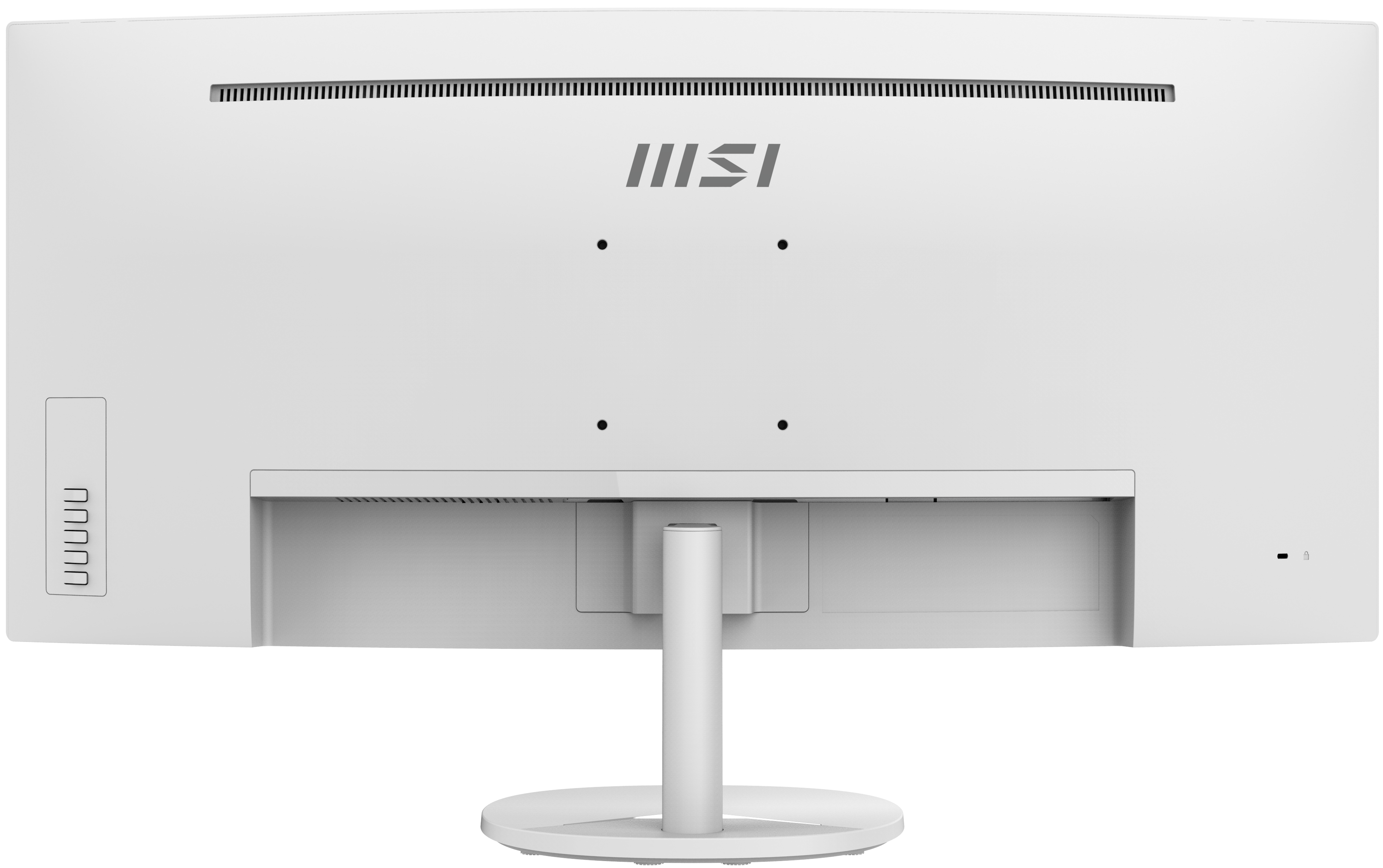 Rückseite eines weißen Computermonitors. Merkmale sind Lüftungsschlitze, MSI-Logo, Anschlüsse und Ständer.