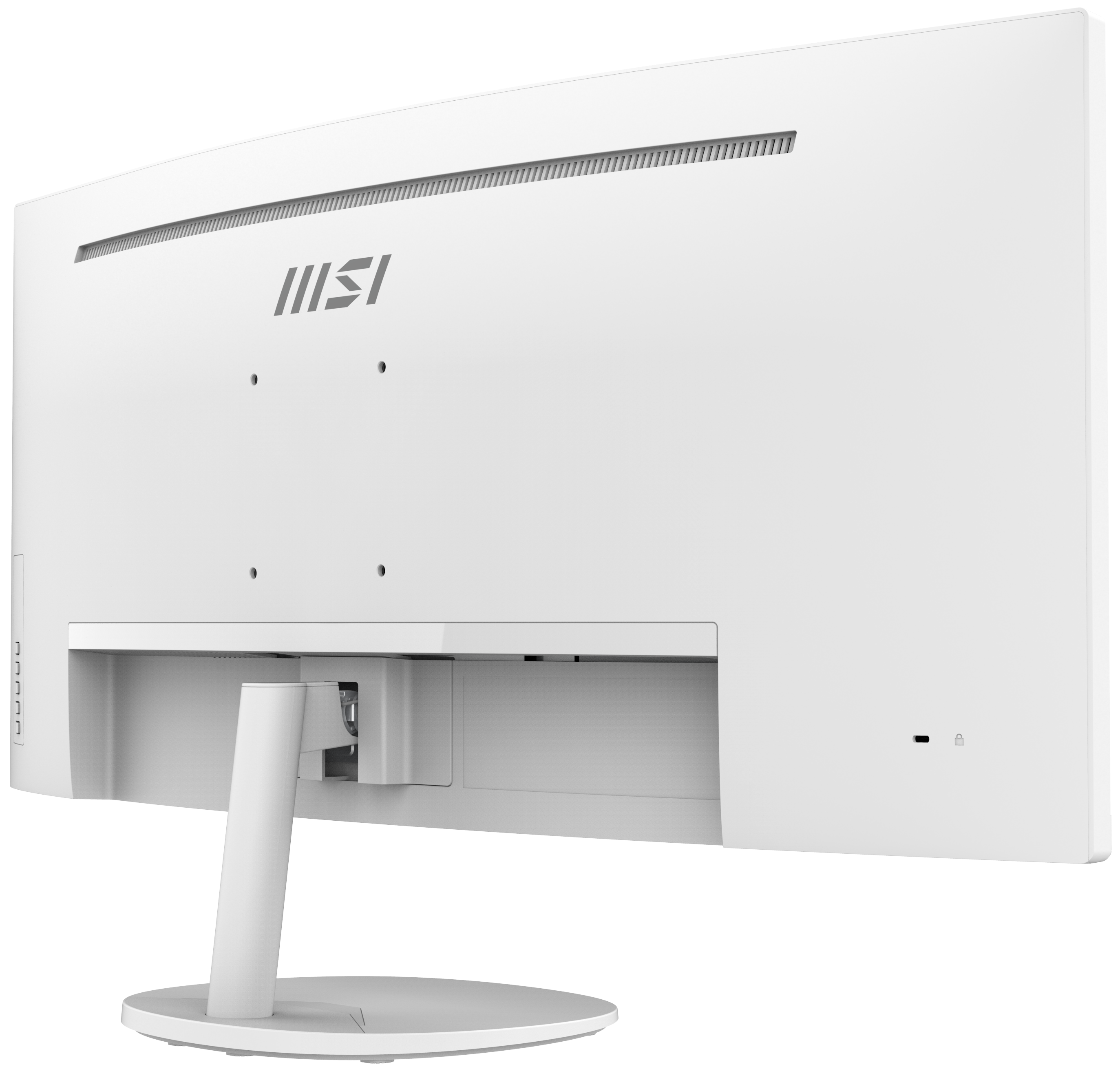 Rückansicht eines weißen Computermonitors. Er hat einen Ständer und das MSI-Logo. Der Hintergrund ist schwarz.