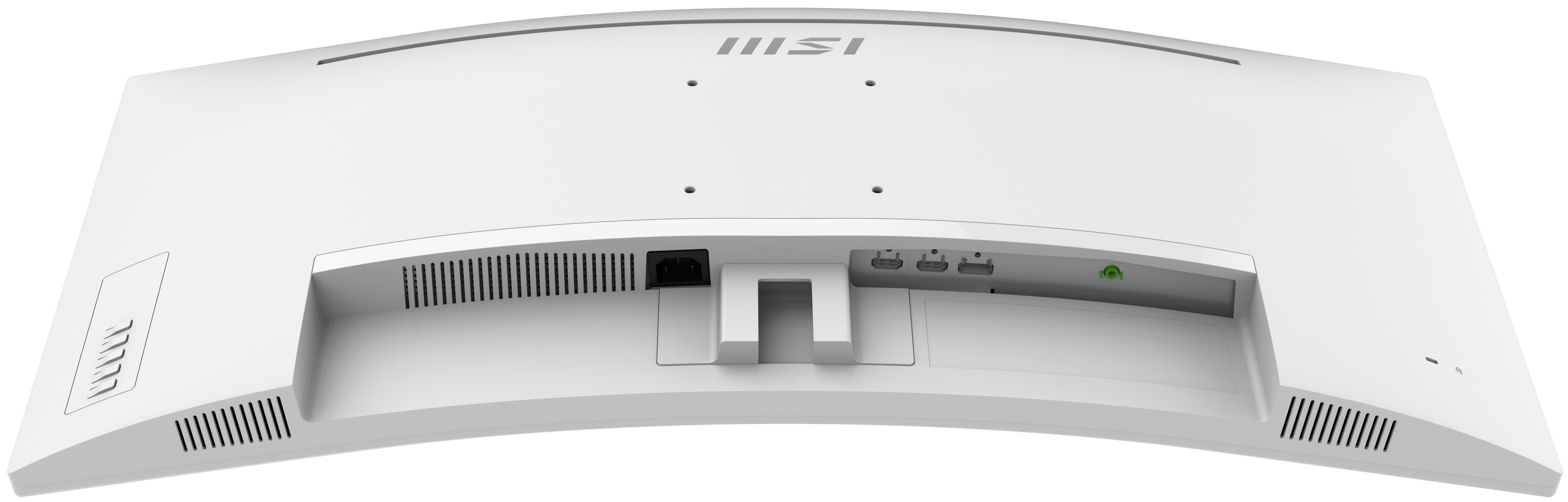 Rückseite eines weißen, gewölbten Computermonitors. Mit MSI-Logo und Anschlüssen. Mit Lüftungsschlitzen und Halterung.