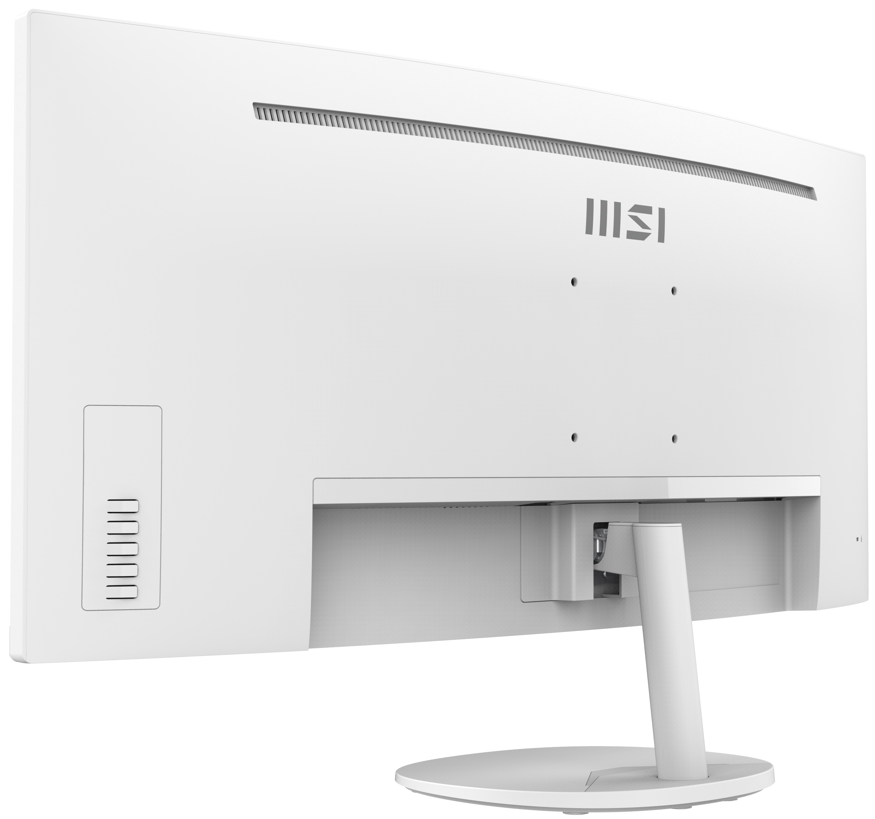 Rückansicht eines weißen Computermonitors mit MSI-Logo. Merkmale: Lüftungsschlitze, Anschlüsse und ein Ständer. Isoliert auf schwarzem Hintergrund.