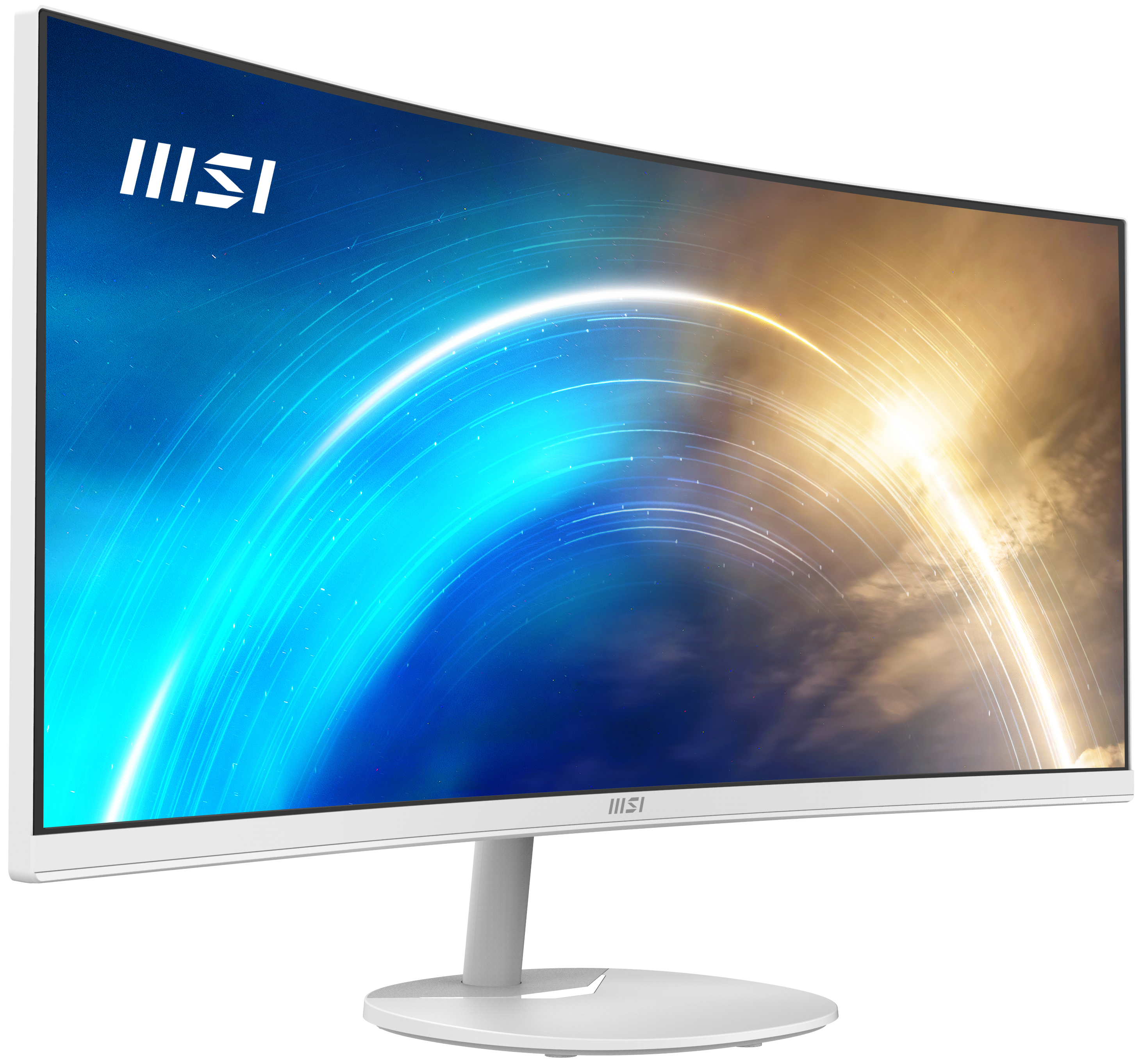 Ein weißer Computermonitor mit einem gebogenen Bildschirm zeigt ein blaues und goldenes abstraktes Design mit dem MSI-Logo.