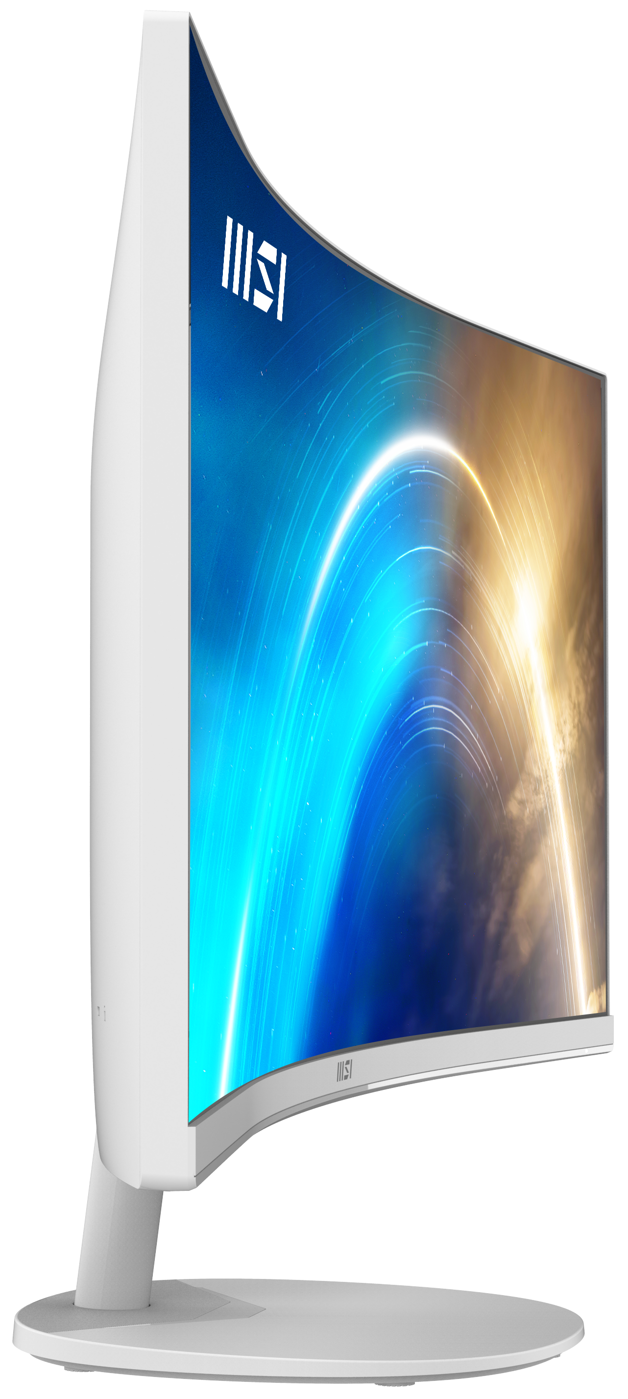 Ein weißer, gebogener MSI-Monitor. Der Bildschirm zeigt ein blaues und goldenes abstraktes Design. Basis und Ständer sind weiß.