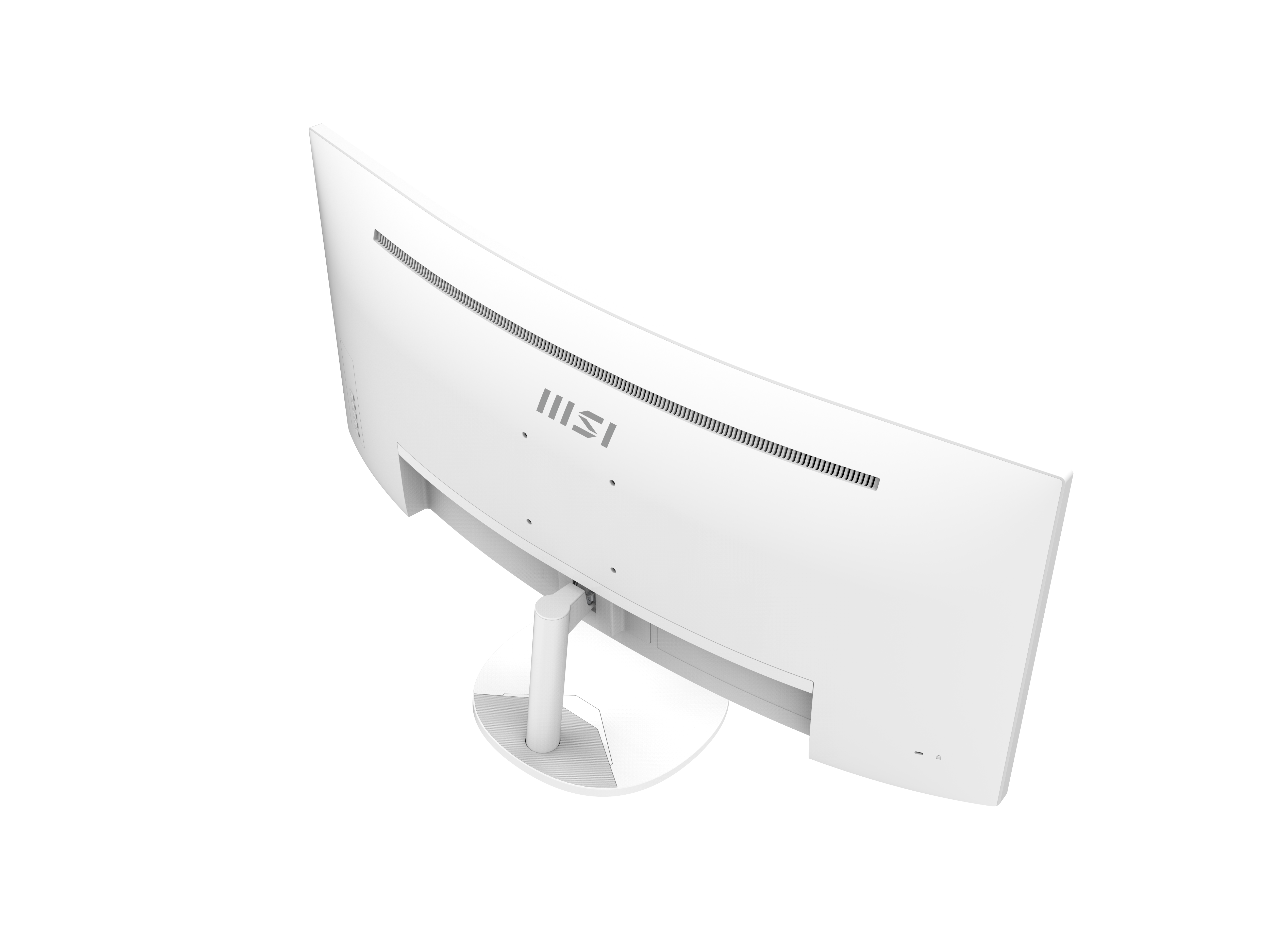 Weißer, gebogener Computermonitor, Rückansicht, mit MSI-Logo und Lüfter. Auf weißem Ständer vor weißem Hintergrund montiert.
