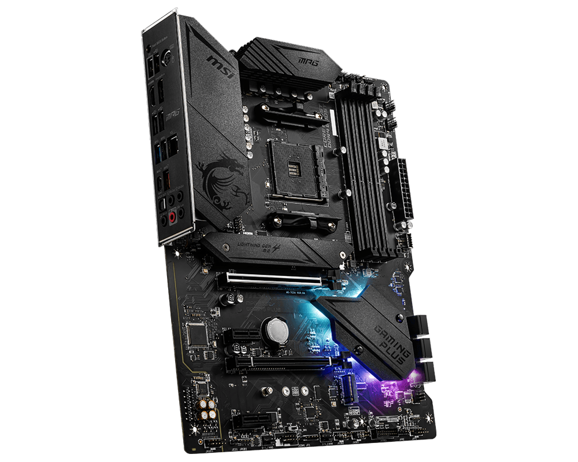 Une carte mère MSI noire avec divers composants, logos et détails de texte. Rétroéclairée avec des teintes bleues et violettes.