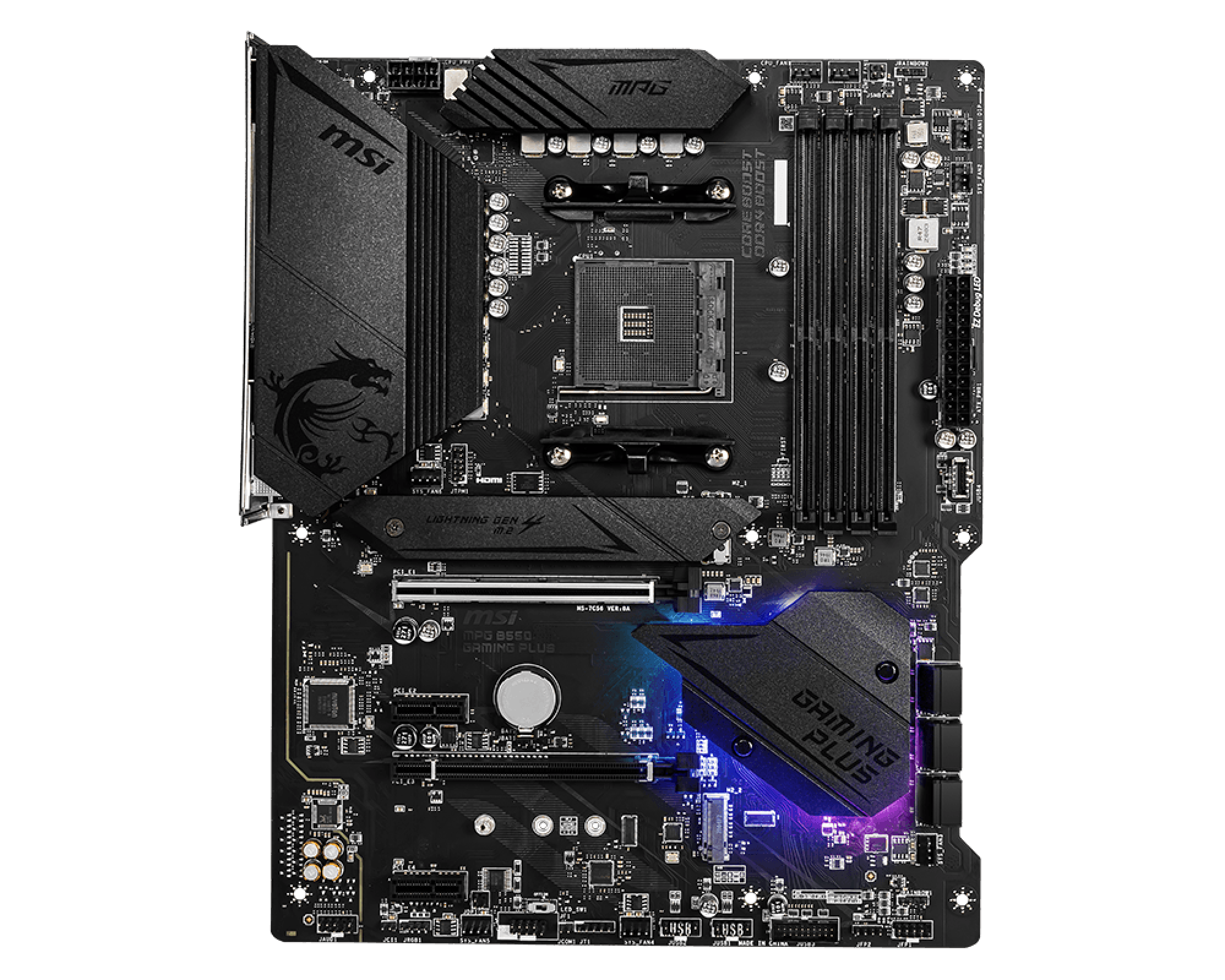 Une carte mère MSI noire avec divers composants. La carte porte l'étiquette 'MPG B550 GAMING PLUS' et le logo du dragon.