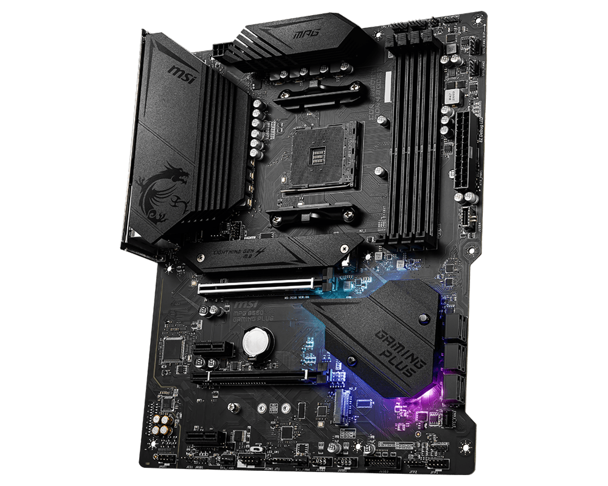Carte mère MSI noire avec logo dragon, texte Gaming Plus. Comprend des fentes, des ports et des dissipateurs de chaleur, sur fond noir.