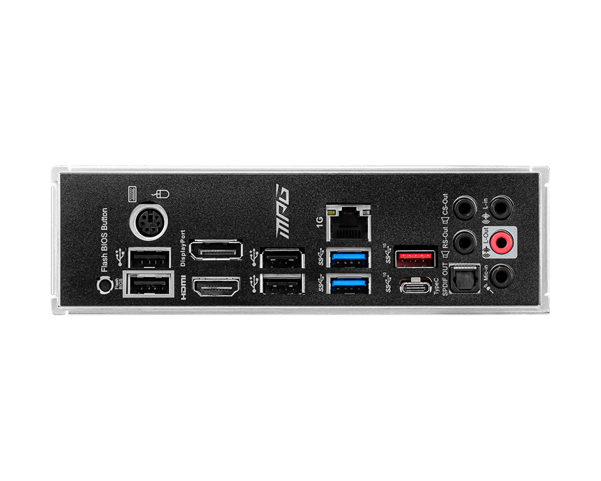 Panneau arrière de carte mère avec ports : HDMI, DisplayPort, USB, prises audio et bouton Flash BIOS.