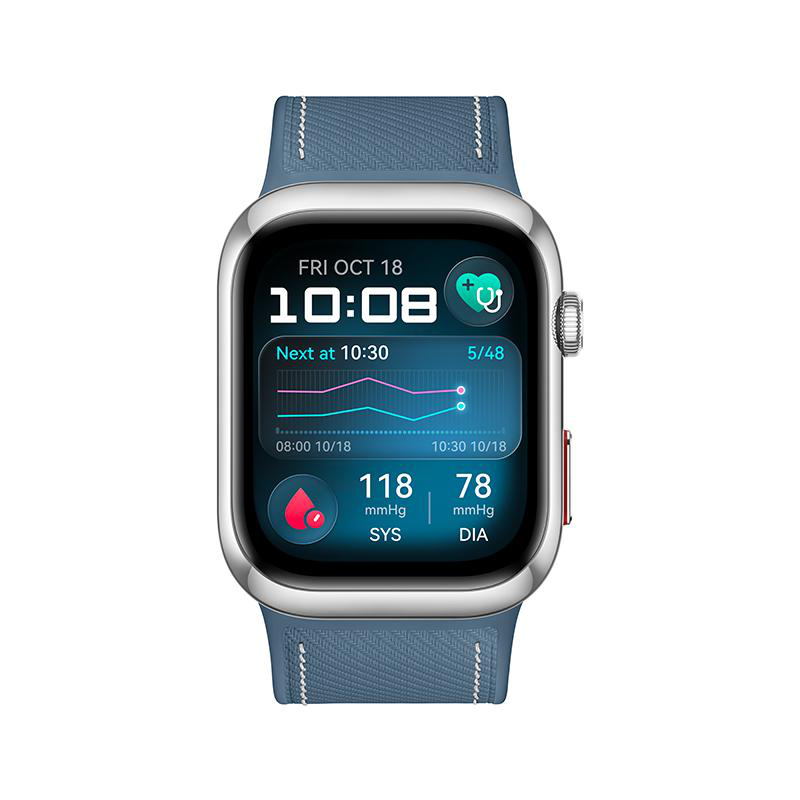 Eine Smartwatch zeigt Zeit, Datum und Gesundheitsmetriken: Blutdruck (118/78) und Herzfrequenz. Die Uhr hat ein blaues Armband.