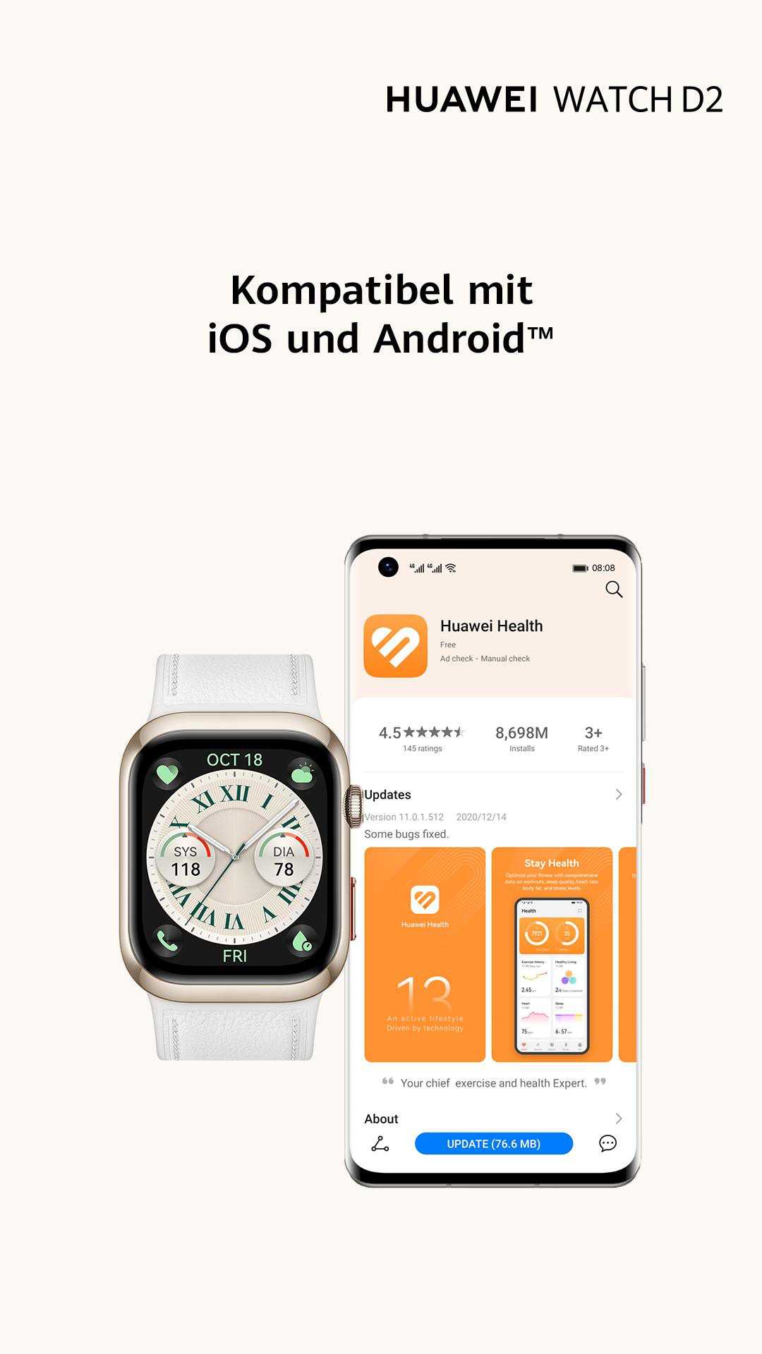 Eine Huawei Watch D2 mit weißem Armband liegt neben einem Telefon mit der Huawei Health App. Die Uhr zeigt das Datum an.