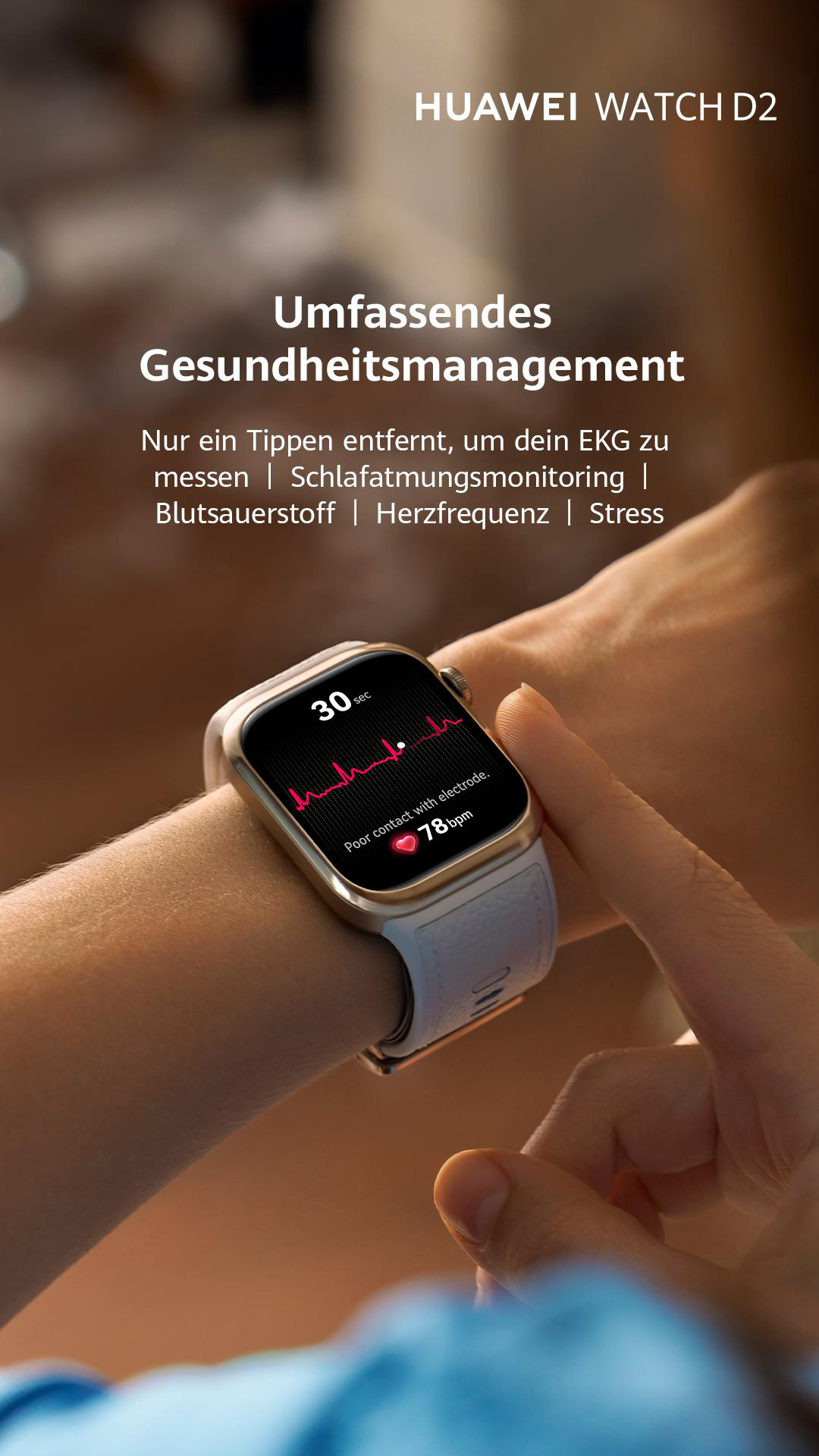 Eine Person, die eine Huawei Watch D2 trägt, mit einer EKG-Anzeige. Die Uhr zeigt eine Herzfrequenz von 78 Schlägen pro Minute.