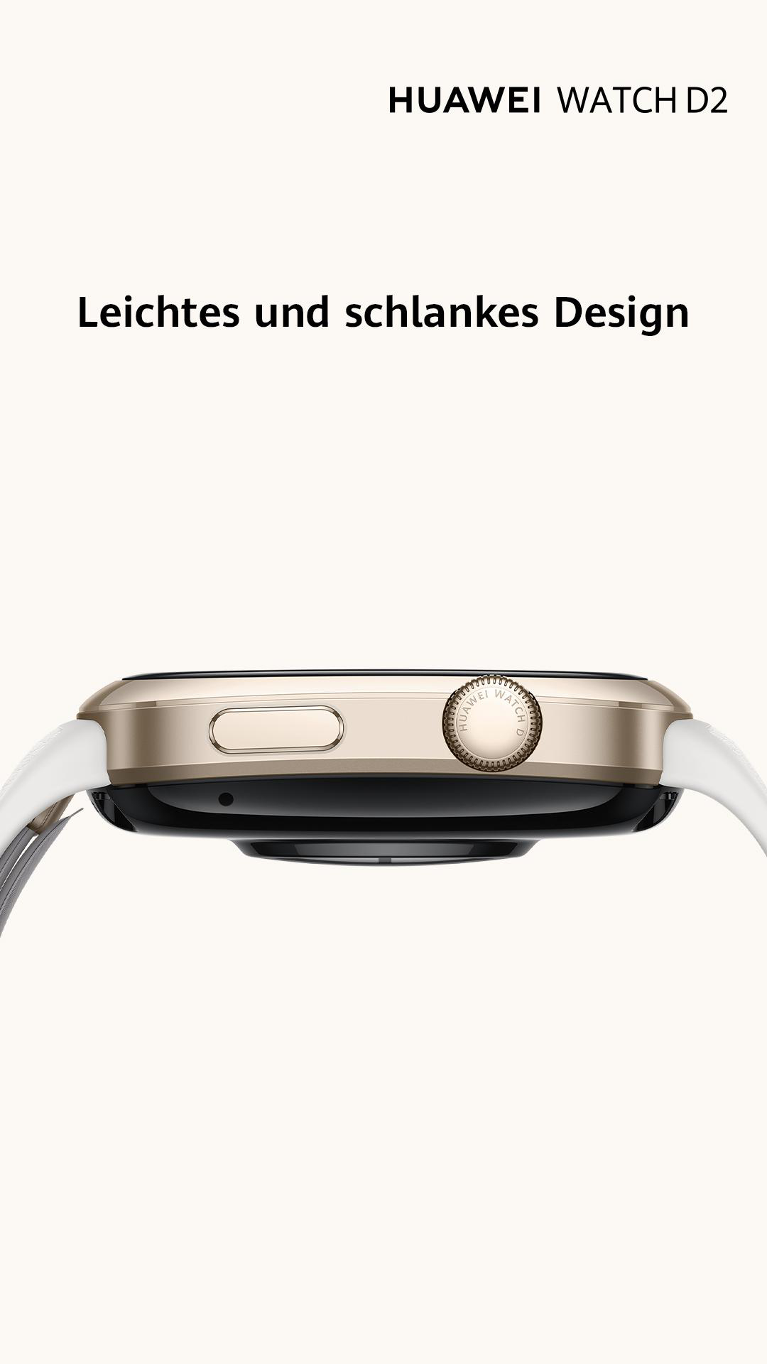 Eine goldene Huawei Watch D2 mit weißem Armband. Die Uhr befindet sich auf weißem Hintergrund, mit Text oben und in der Mitte.