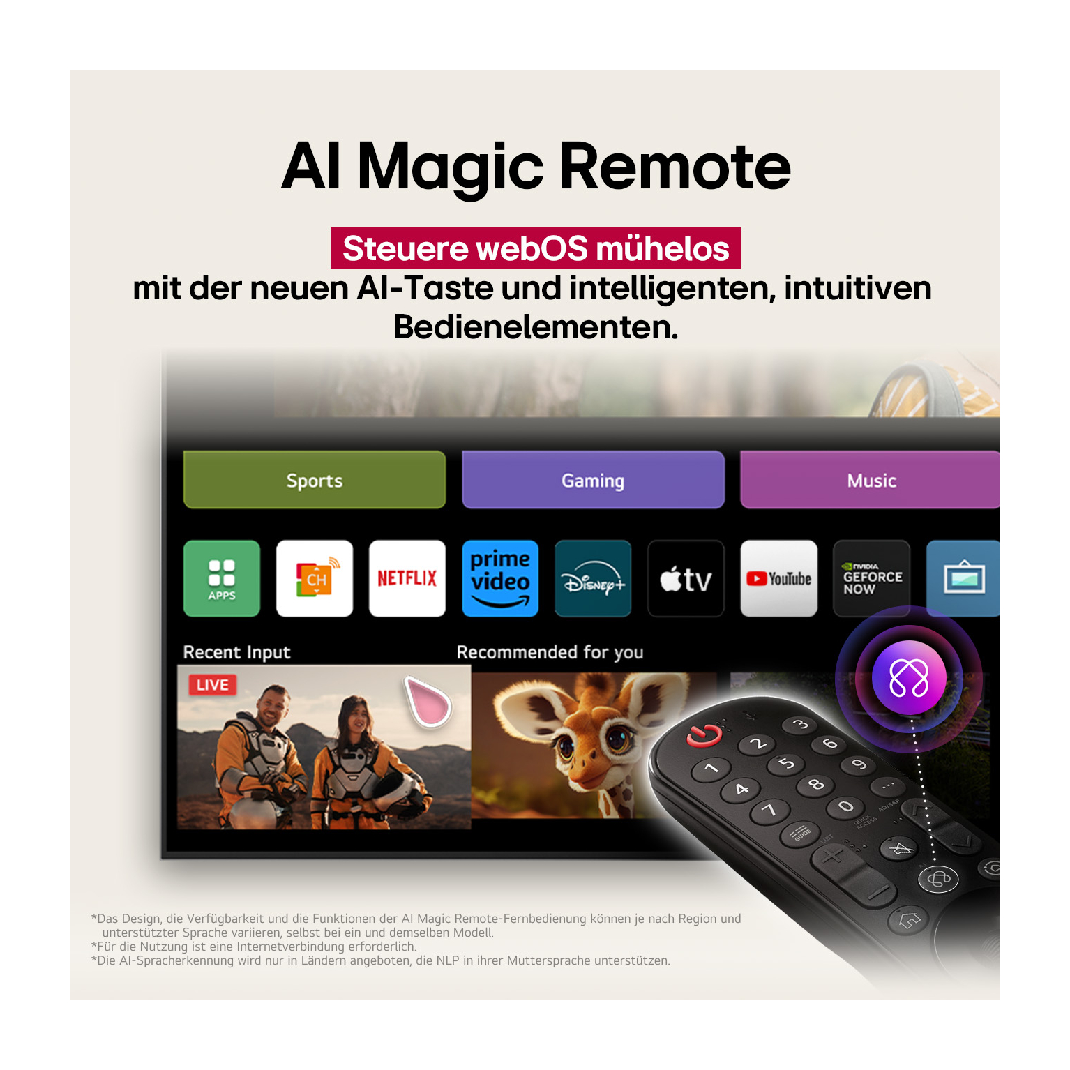 Eine AI Magic-Fernbedienung, die eine TV-Oberfläche mit Apps und einer Fernbedienung zeigt.