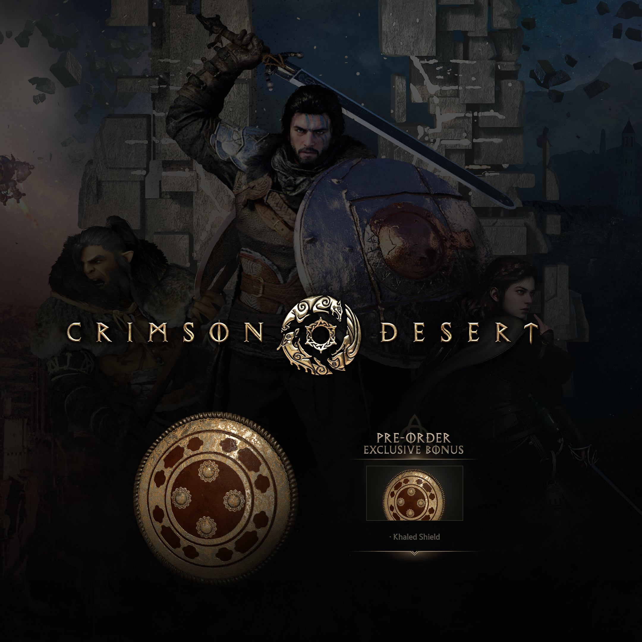 Ein Krieger mit Schwert und Schild steht im Mittelpunkt. Das Spiel Crimson Desert wird beworben. Ein Schild wird ebenfalls als Bonus gezeigt.