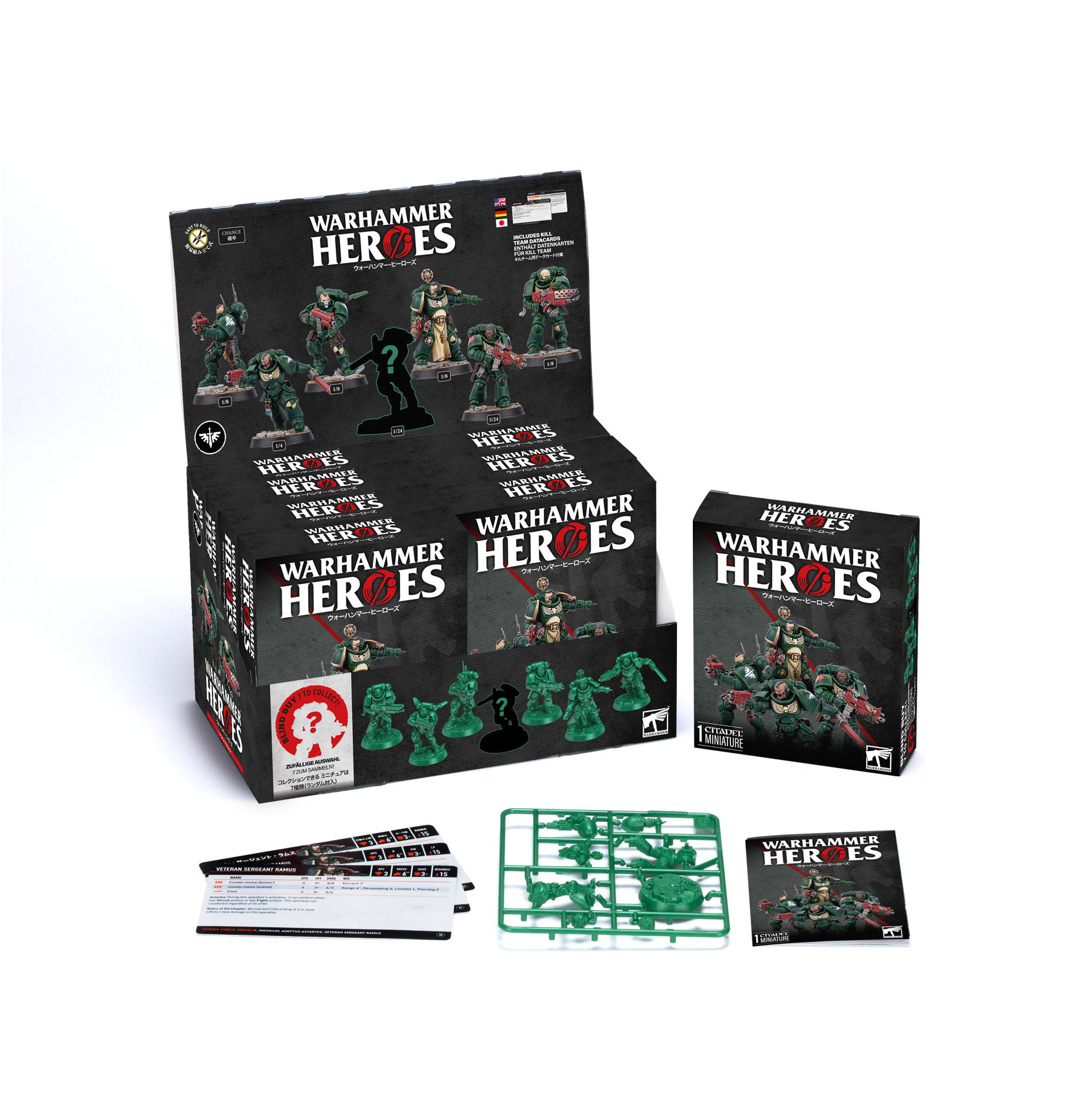Ein Warhammer Heroes Box-Set mit Miniaturen, Karten und Gussrahmen. Enthält grün gepanzerte Figuren, Boxen und Text in mehreren Sprachen.