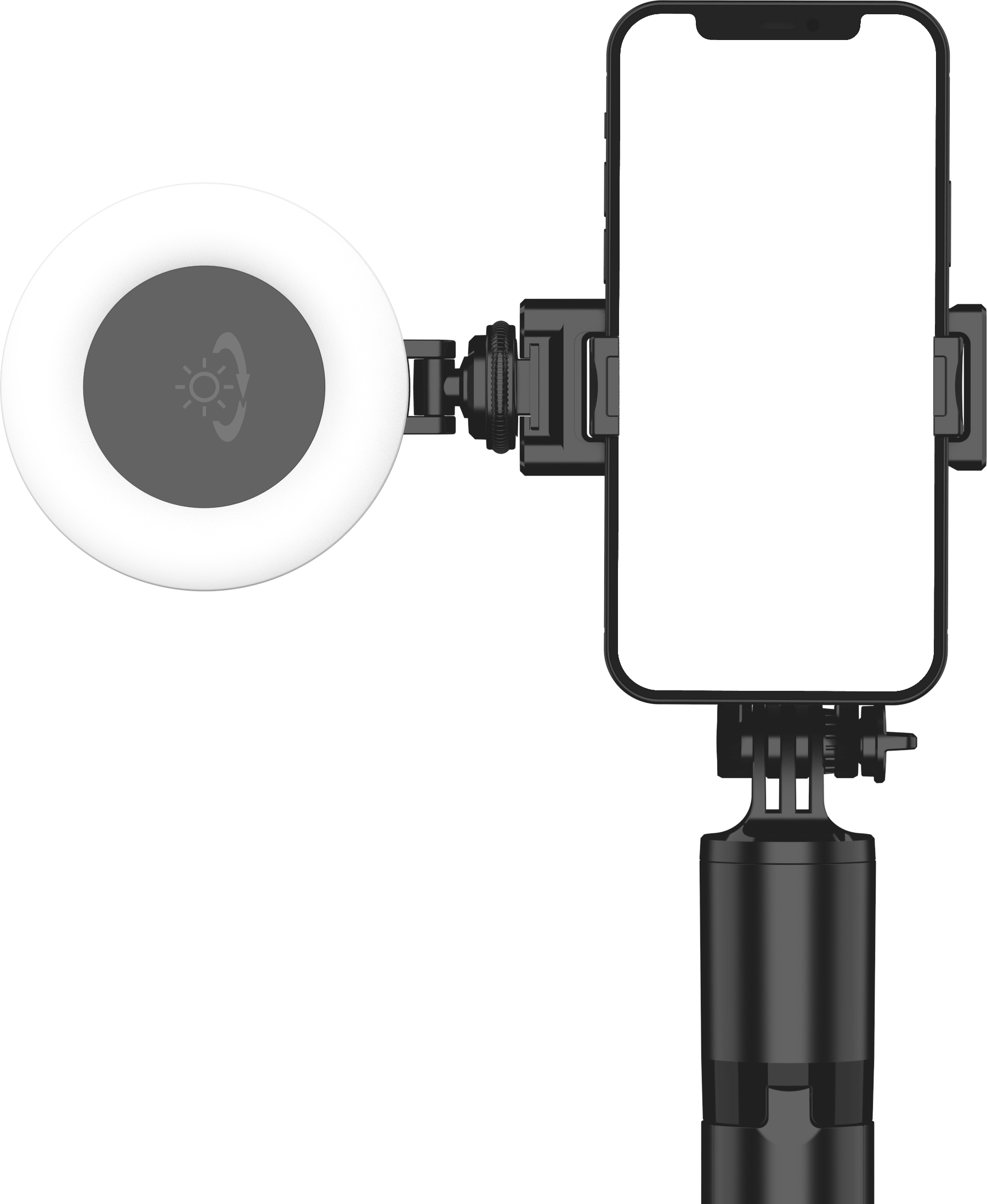 Ein Ringlicht und ein Smartphone sind an einem schwarzen Stativ befestigt. Das Telefon ist weiß und der Hintergrund grau.