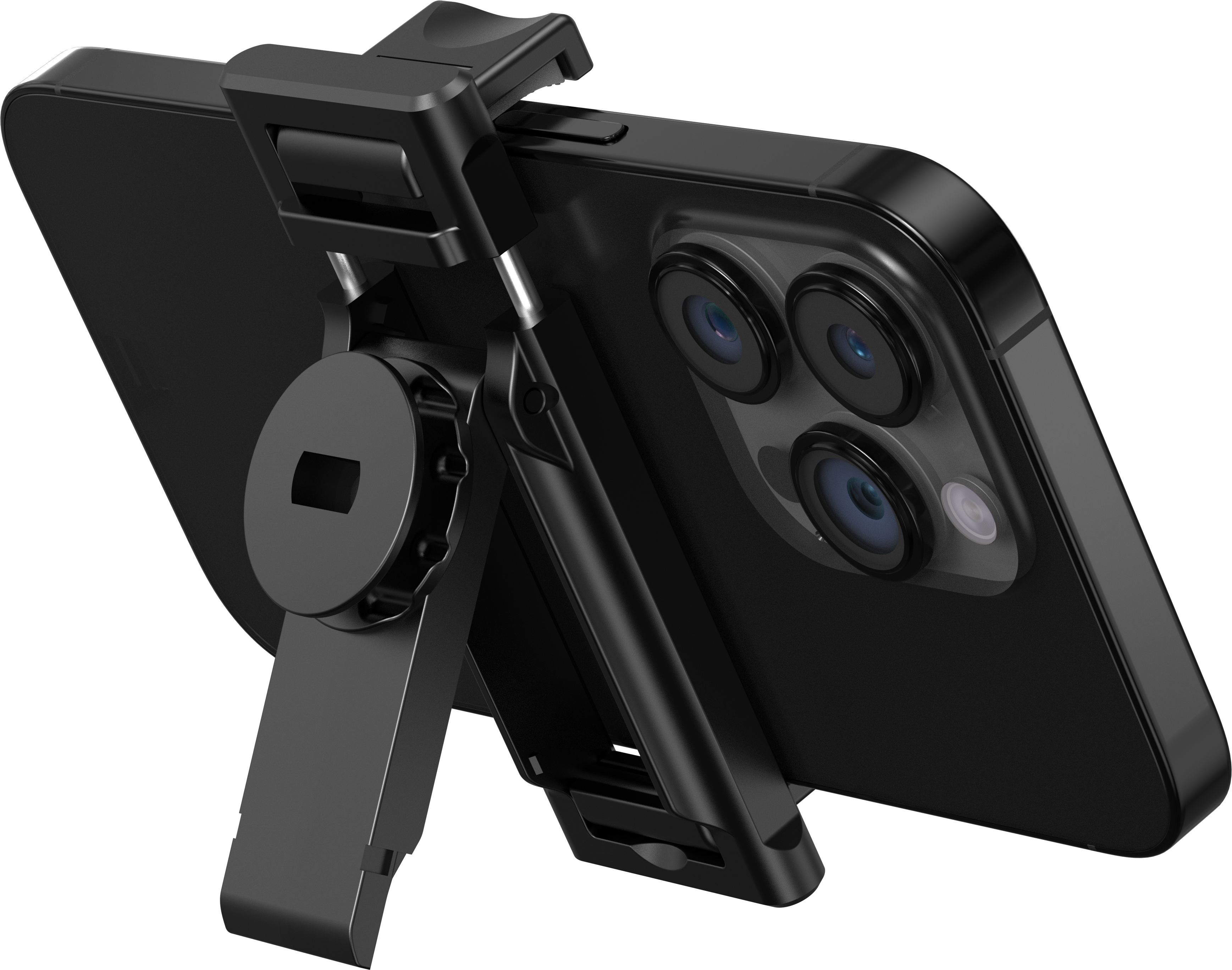 Ein schwarzes Smartphone, das von einem schwarzen Telefonhalter gehalten wird. Das Telefon hat drei Kameralinsen. Der Hintergrund ist schwarz.