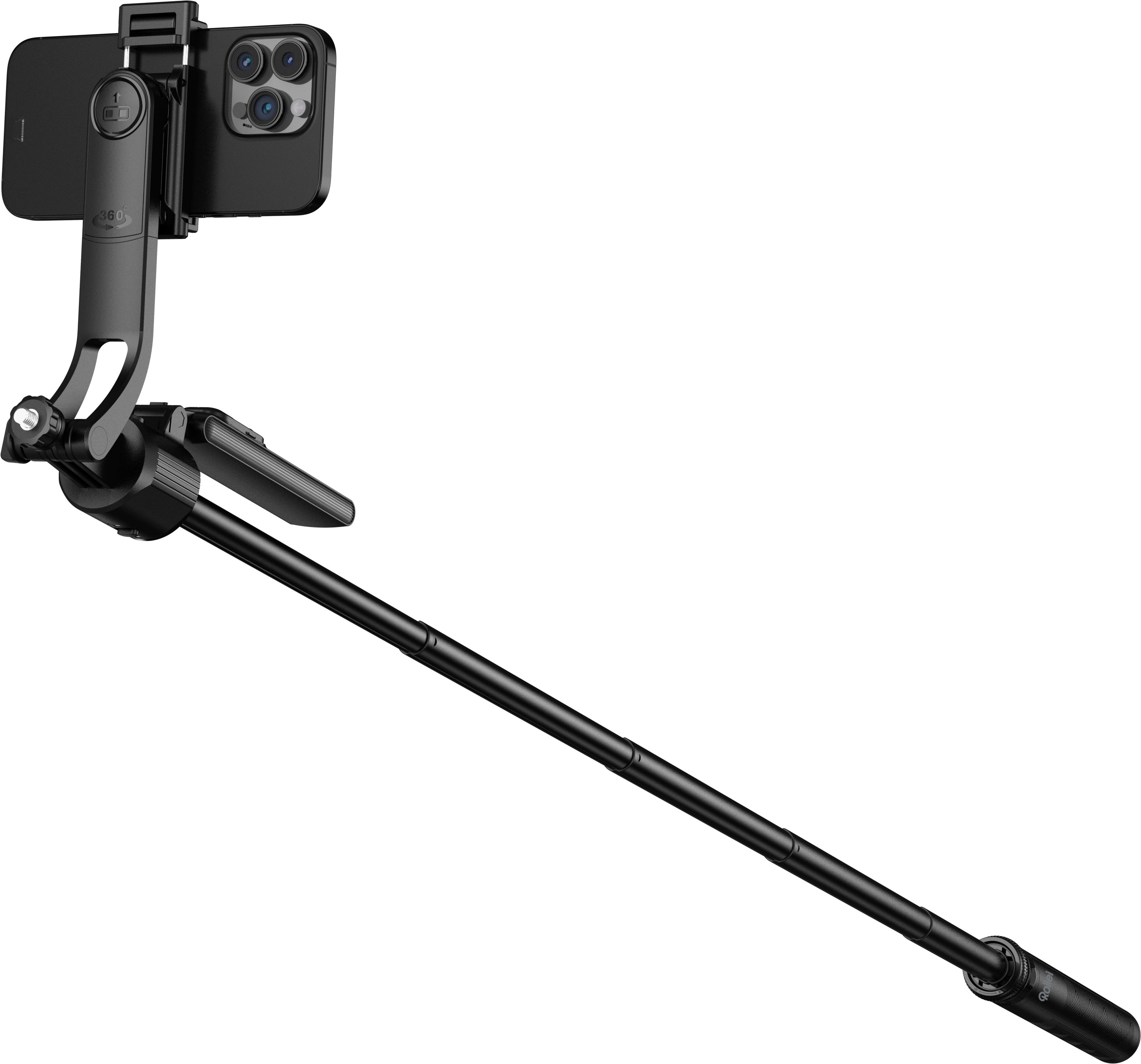 Ein schwarzer Selfie-Stick mit einem Telefon. Das Telefon hat mehrere Kameras. Der Hintergrund ist dunkel, der Stick ist ausgezogen.