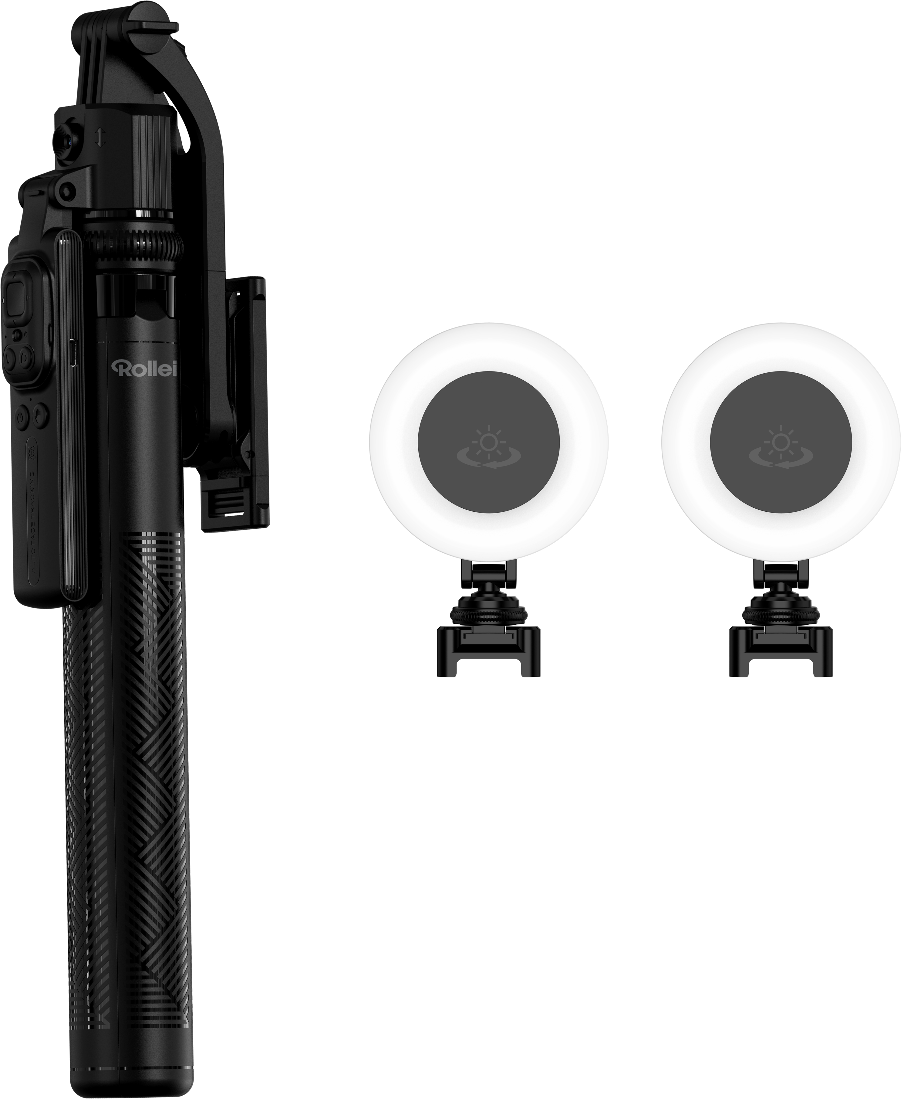 Schwarzer Selfie-Stick mit Telefonhalterung und zwei Ringlichtern. Die Lichter sind weiß mit einem Sonnensymbol.