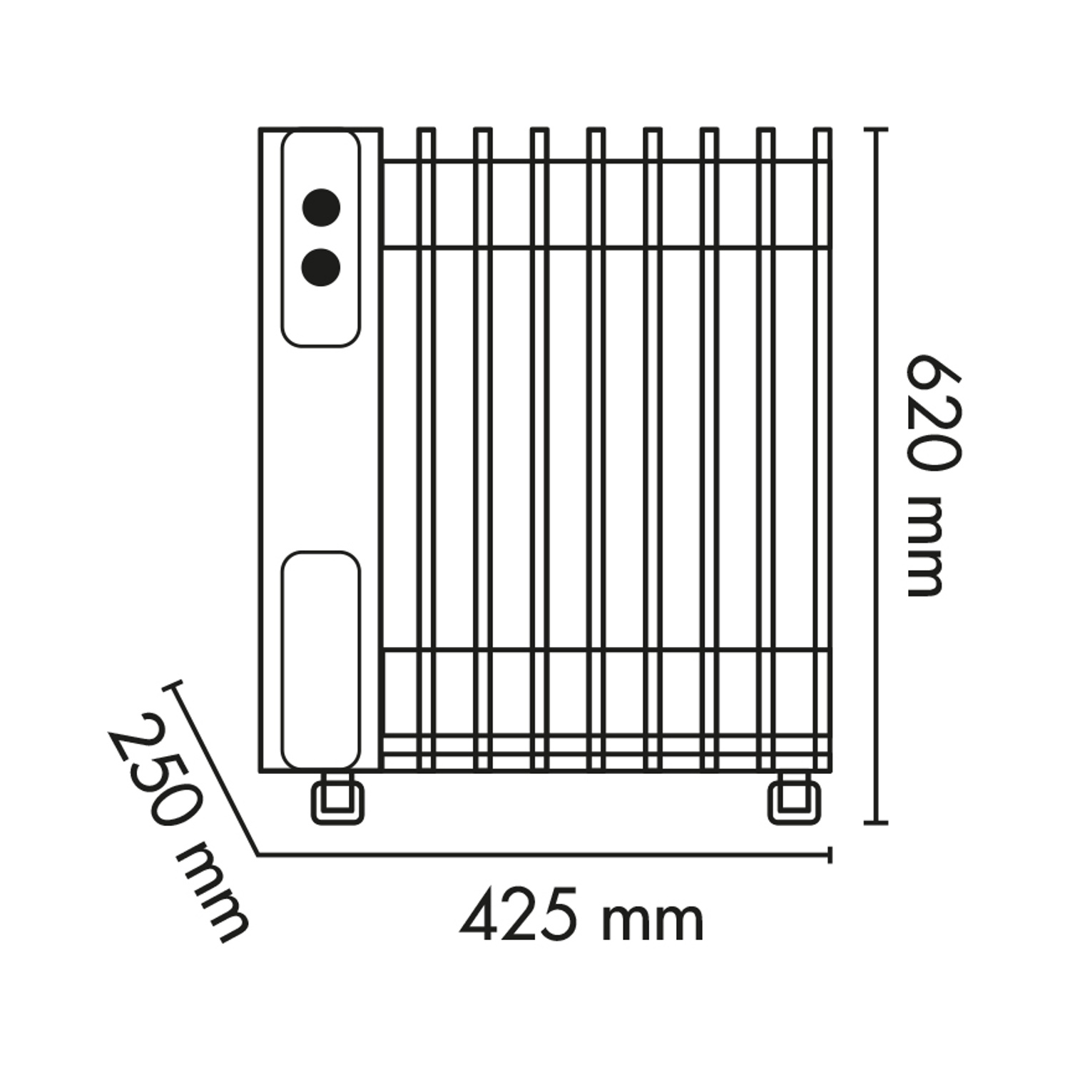 Schema di un radiatore con dimensioni: 620mm altezza, 425mm larghezza, 250mm profondità. Pannello comandi ed elementi riscaldanti.