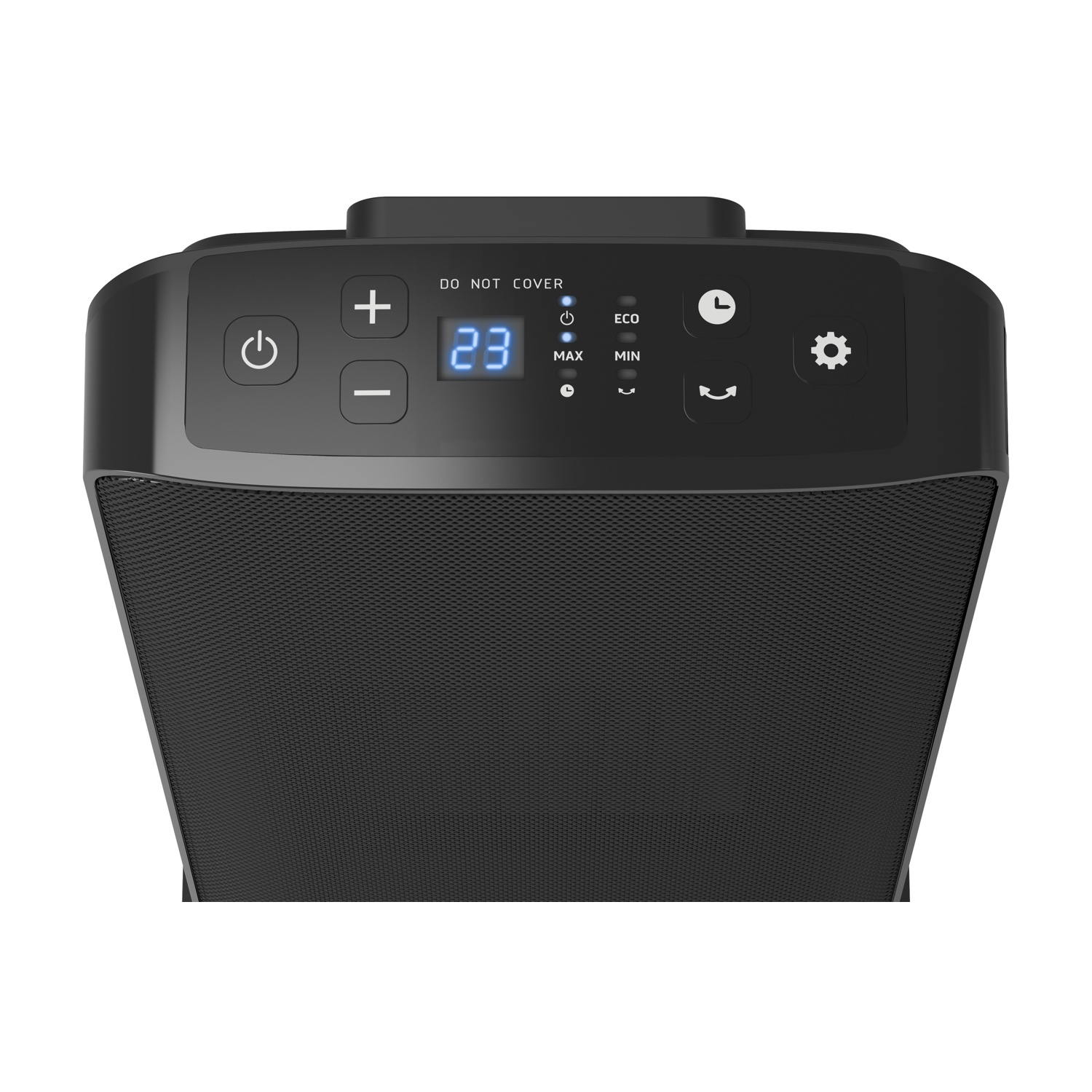 Termoventilatore elettrico nero con pannello di controllo. Display mostra '23'. Pulsanti: accensione, più, meno, timer, impostazioni e modalità Eco.