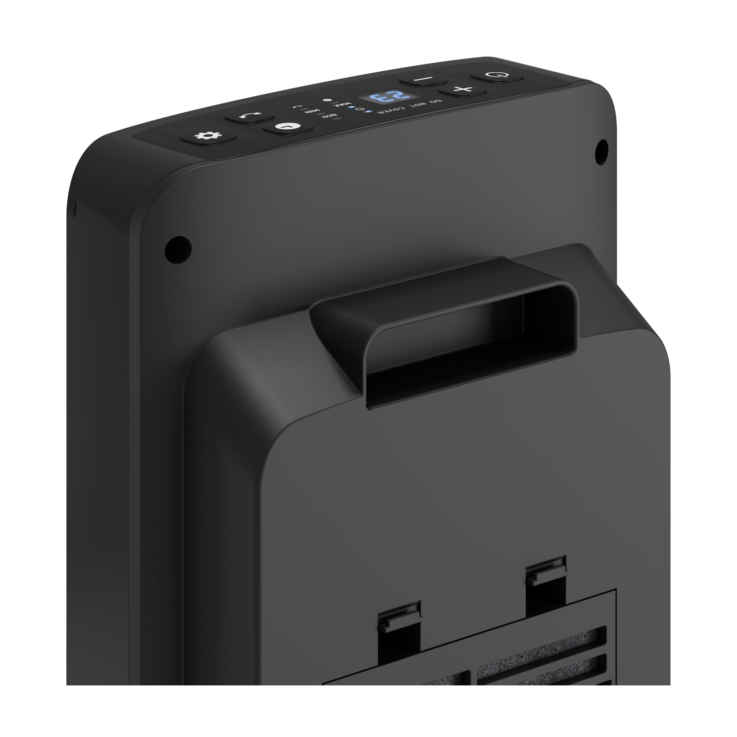 Primo piano di un dispositivo elettronico nero. Ha pulsanti e un display che mostra il numero 23. È presente una maniglia.