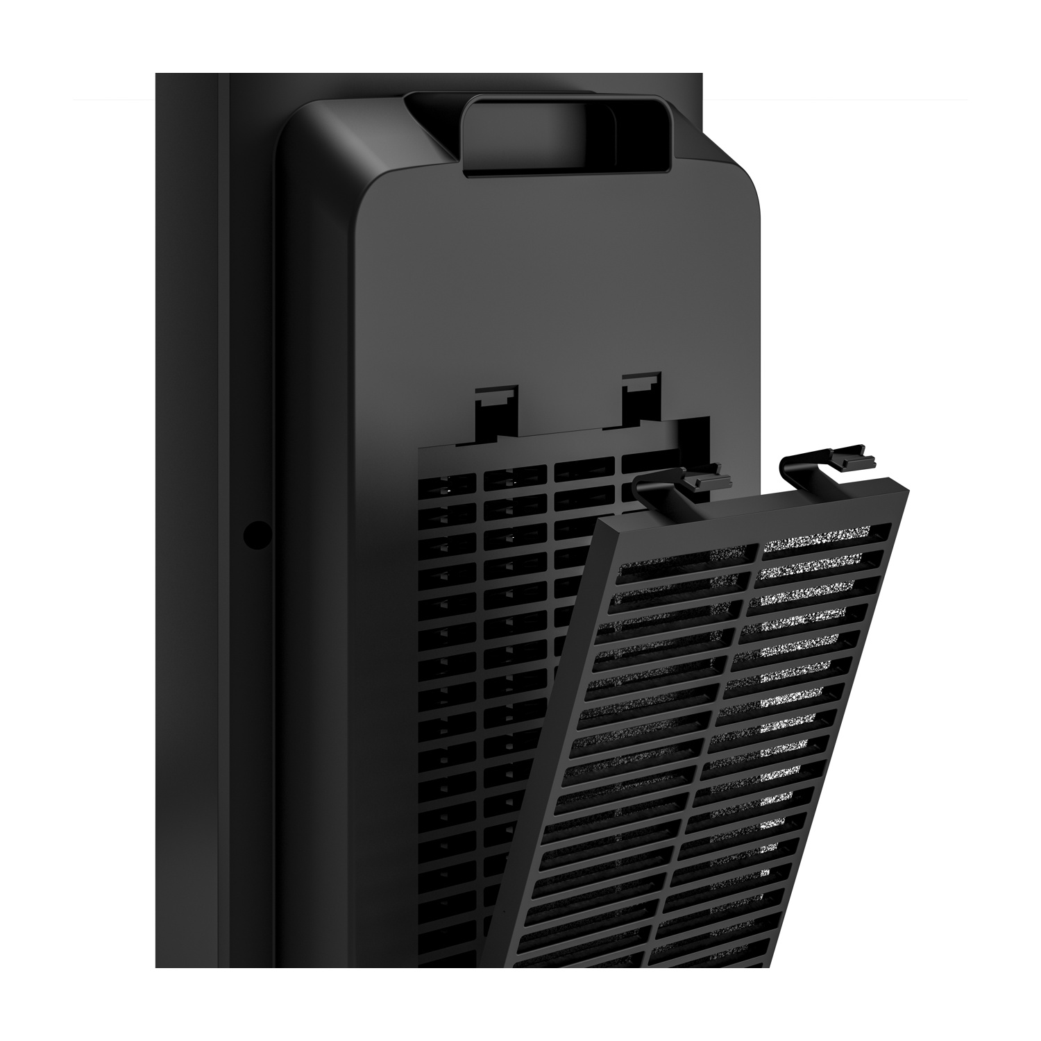 Un purificatore d'aria nero con il filtro parzialmente rimosso. Il filtro ha molti piccoli fori rettangolari. L'unità è nera e angolare.
