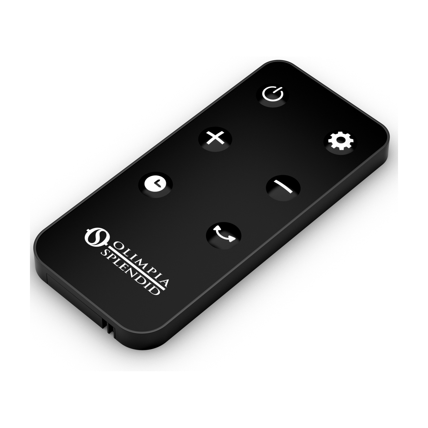 Un telecomando nero con icone bianche. Include pulsanti di accensione, impostazioni, volume e altre funzioni, con il marchio Olimpia Splendid.