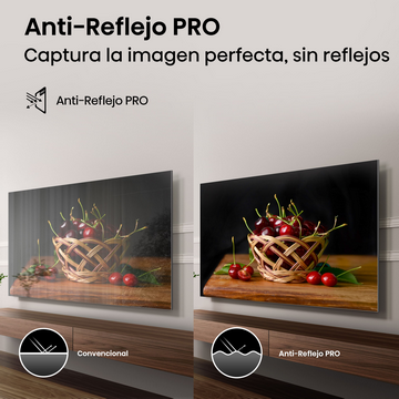Imagen compara TV con reflejos y uno con Anti-Reflejo PRO, mostrando una cesta de cerezas.