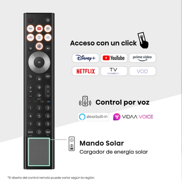 Mando a distancia negro con botones, logos e iconos, incluyendo Disney+, YouTube y Netflix. Texto en español: 'Acceso con un click'.