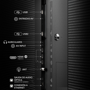 Primer plano del panel trasero de un televisor que muestra varios puertos: USB, HDMI, entrada AV y salida de audio. Etiquetas en español.