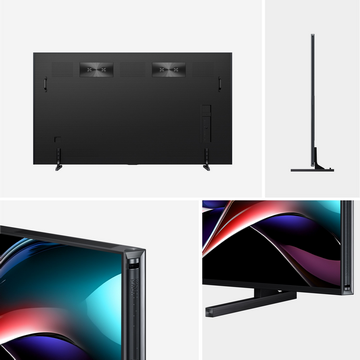 Un televisor negro en varias vistas: trasera, lateral y primeros planos del marco y el soporte, todo sobre un fondo blanco.