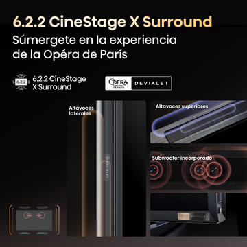 Imagen promocional de CineStage X Surround. Texto y gráficos describen el producto y la Ópera de París.